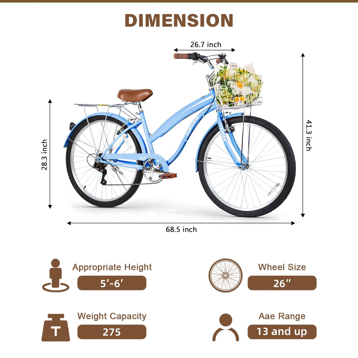 WEIZE Beach Cruiser Bike, 26 inch Commuter Bicycle for Adult Men and Women, 7-Speed/High-Carbon Steel/Front & Rear Fenders, Comfortable City Bikes with Rear Rack&Basket, Ergonomic Upright Design, Blue