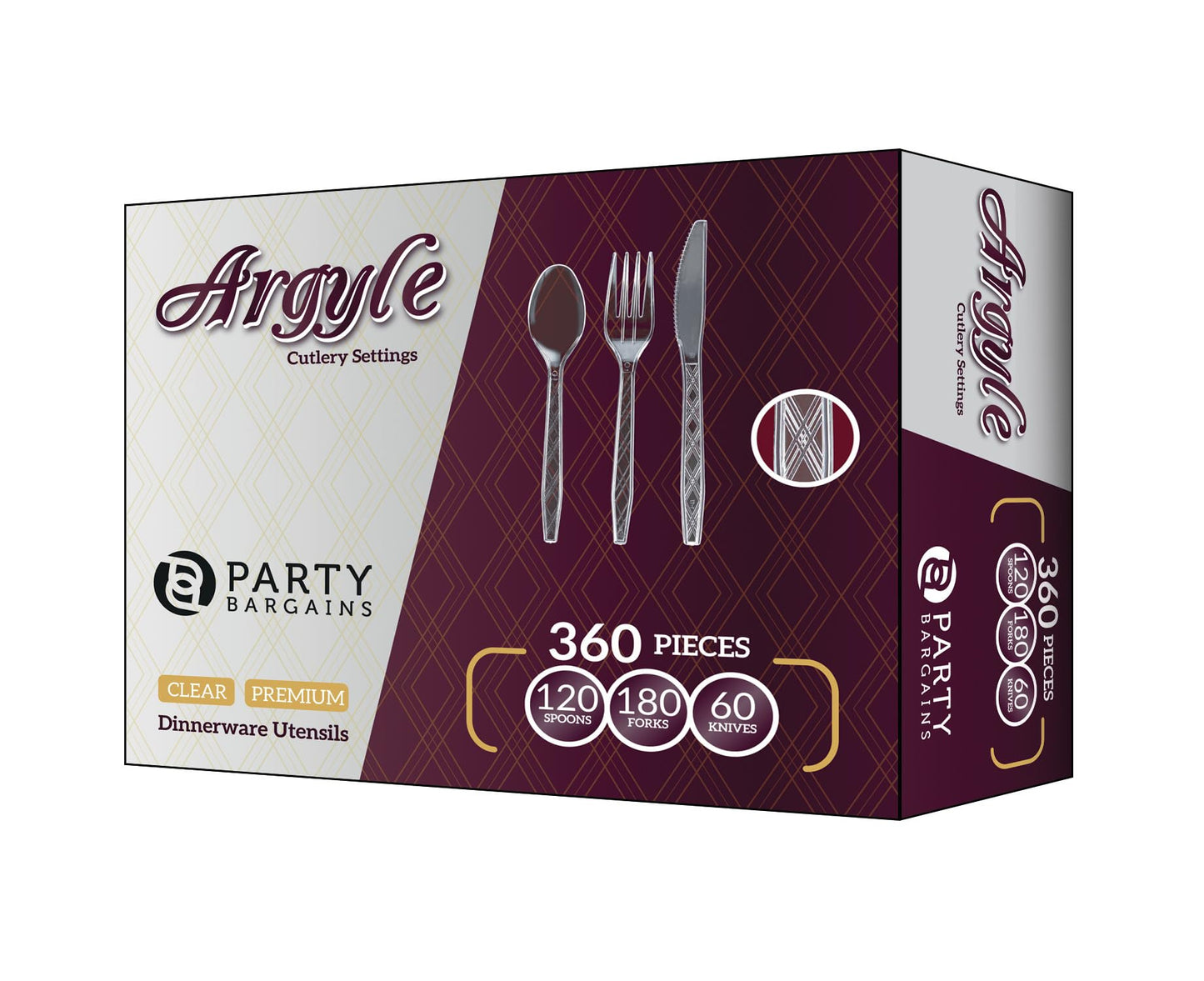 Party Bargains Disposable Cutlery set, SAPPHIRE Design, Clear Color, 360 Pieces: 180 Forks, 120 Spoons, 60 Knives