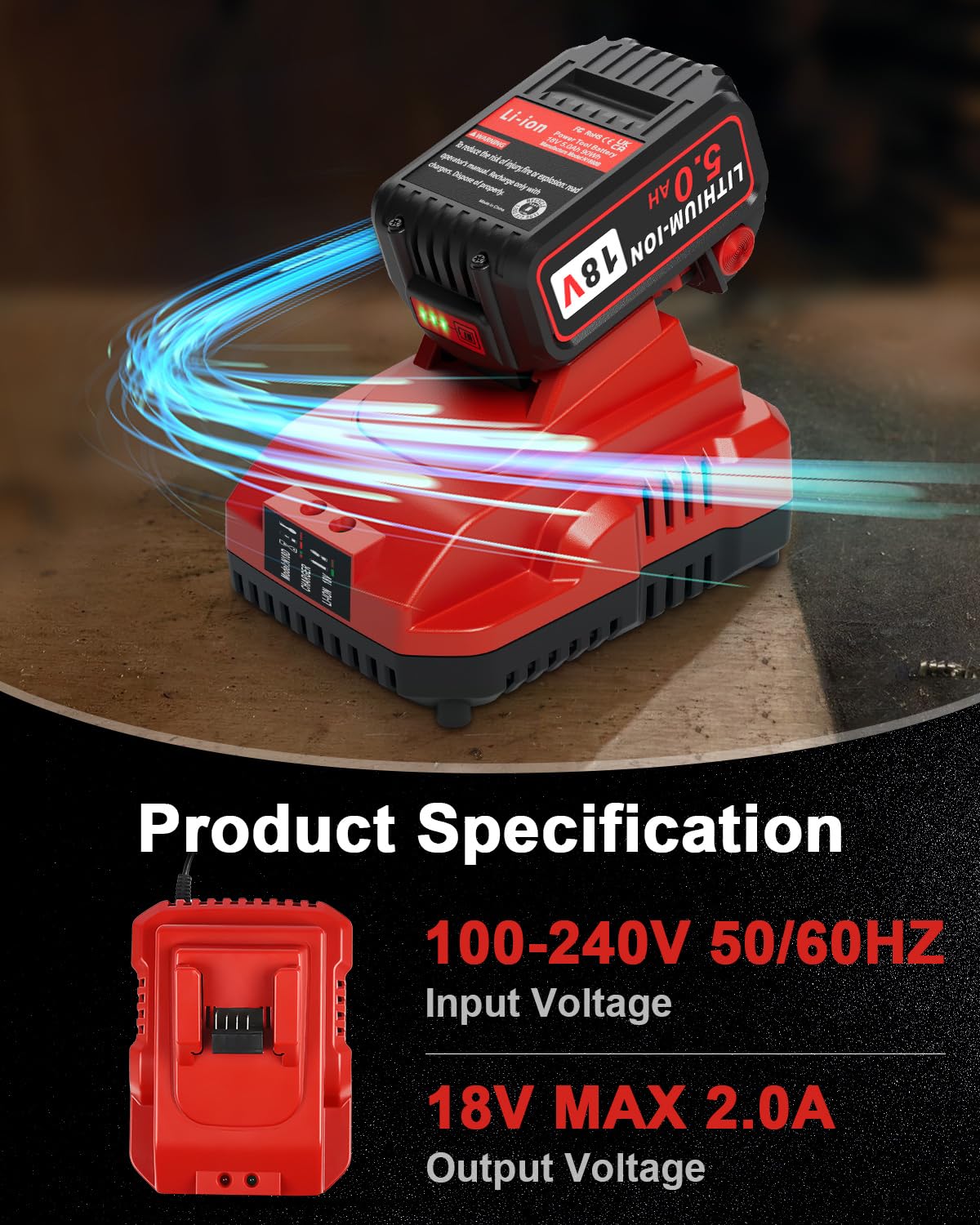 1-Pack 18V 5.0Ah Replacement for Milwaukee M-18 Battery and 1 Charger