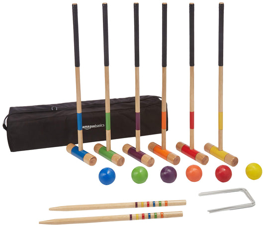 Amazon Basics Six Player Croquet Set with Wooden Mallets and Carry Case, Portable Party Game, Black