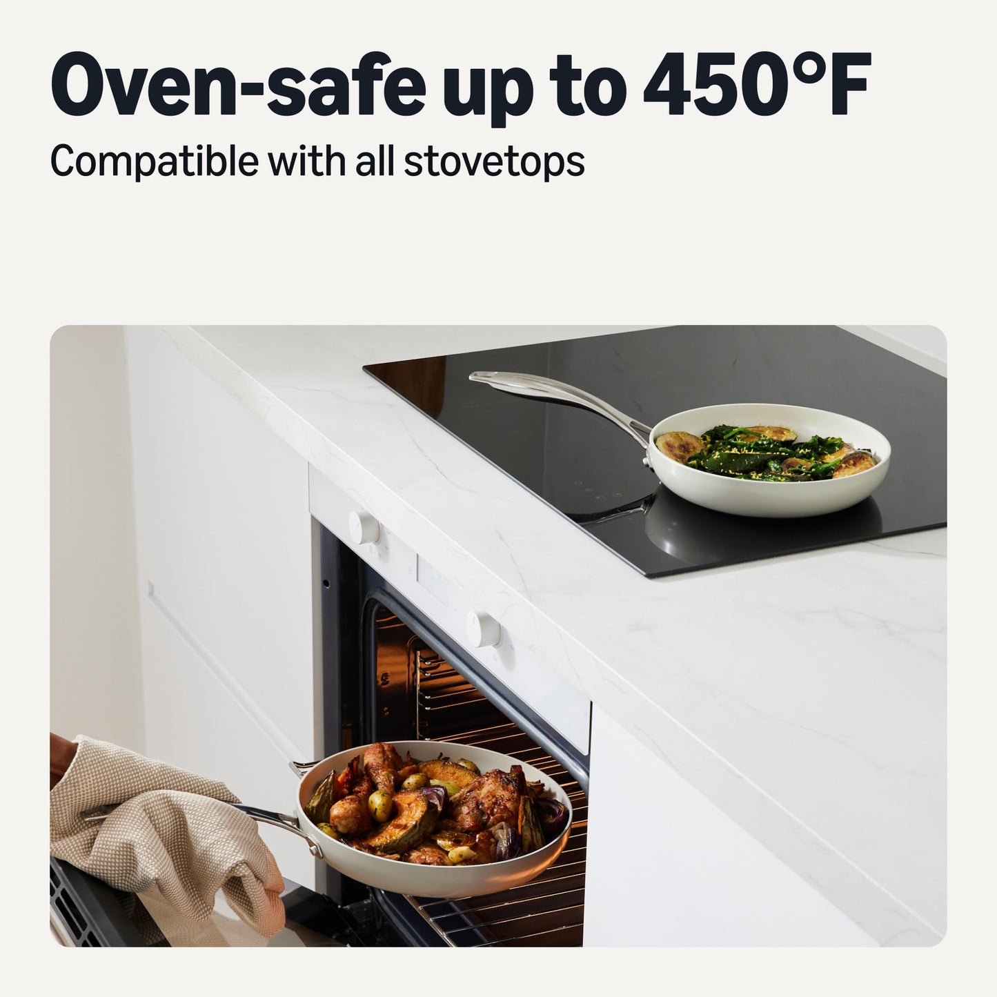 Amazon Basics Ceramic Nonstick Cookware, 3-Piece Set of Pans, All Cooktop Friendly, Dishwasher-Safe, Linen Gray