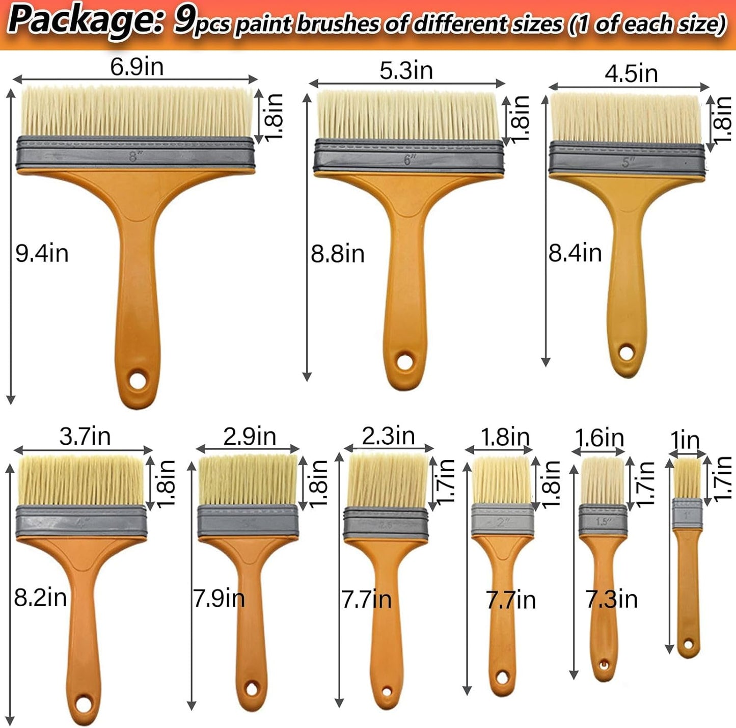 9Pack Chip Paint Brushes Soft Bristles Wall Painting Brush Varnish Wood Stain Brush Set for Furniture Fence Flat Brushes for Painting Oil Acrylic 1 1.5 2 2.5 3 4 5 6 8 inch