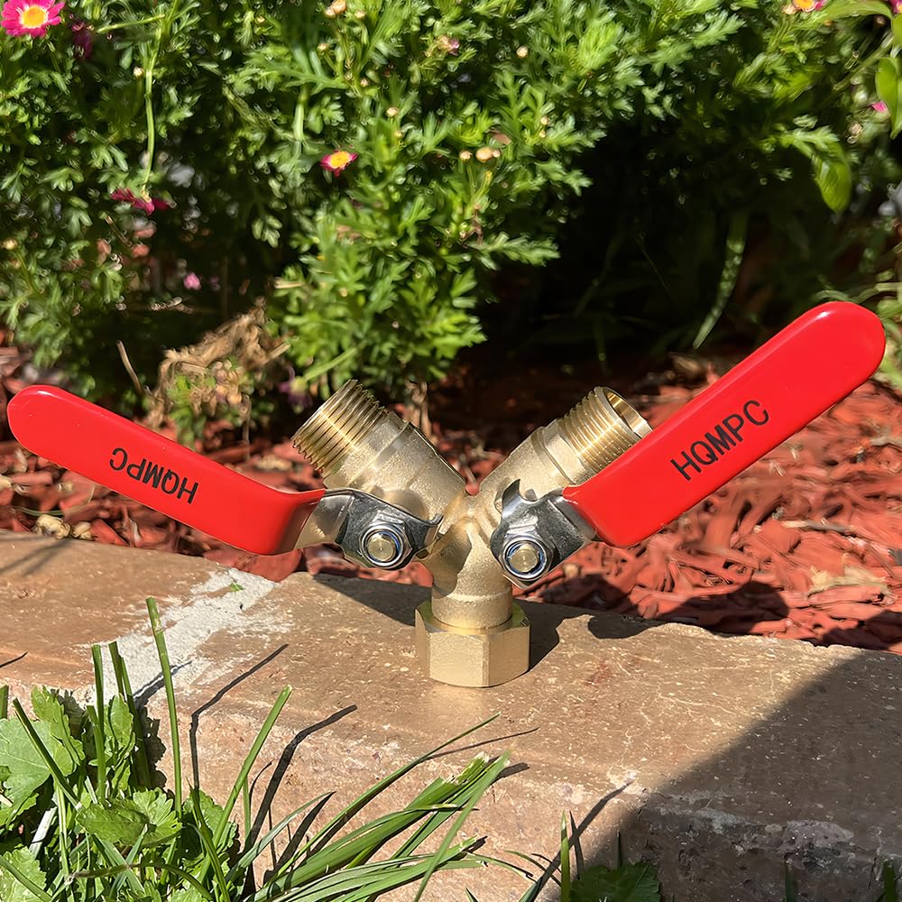 HQMPC Garden Hose Y Valve Hose Splitter Brass Hose Splitter With Stainless Steel Long Handle Brass Y Valve Water Garden Hose Adapter 2 Way Y Valve 3/4" GHT Thread