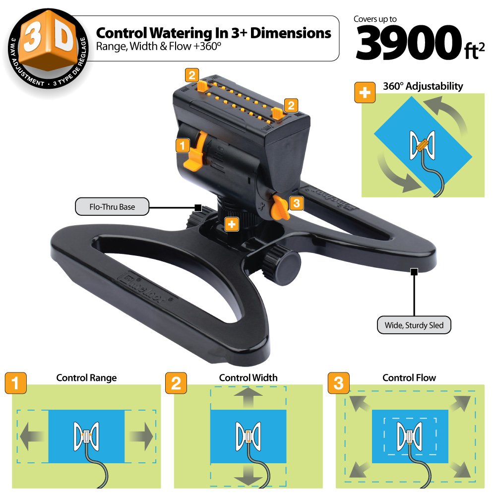Melnor 65131AMZ MiniMax Turbo Oscillator Sprinkler, 4000 sq. ft., 4-Way Adjustable, Quick Connect Bundle, Black, Yellow