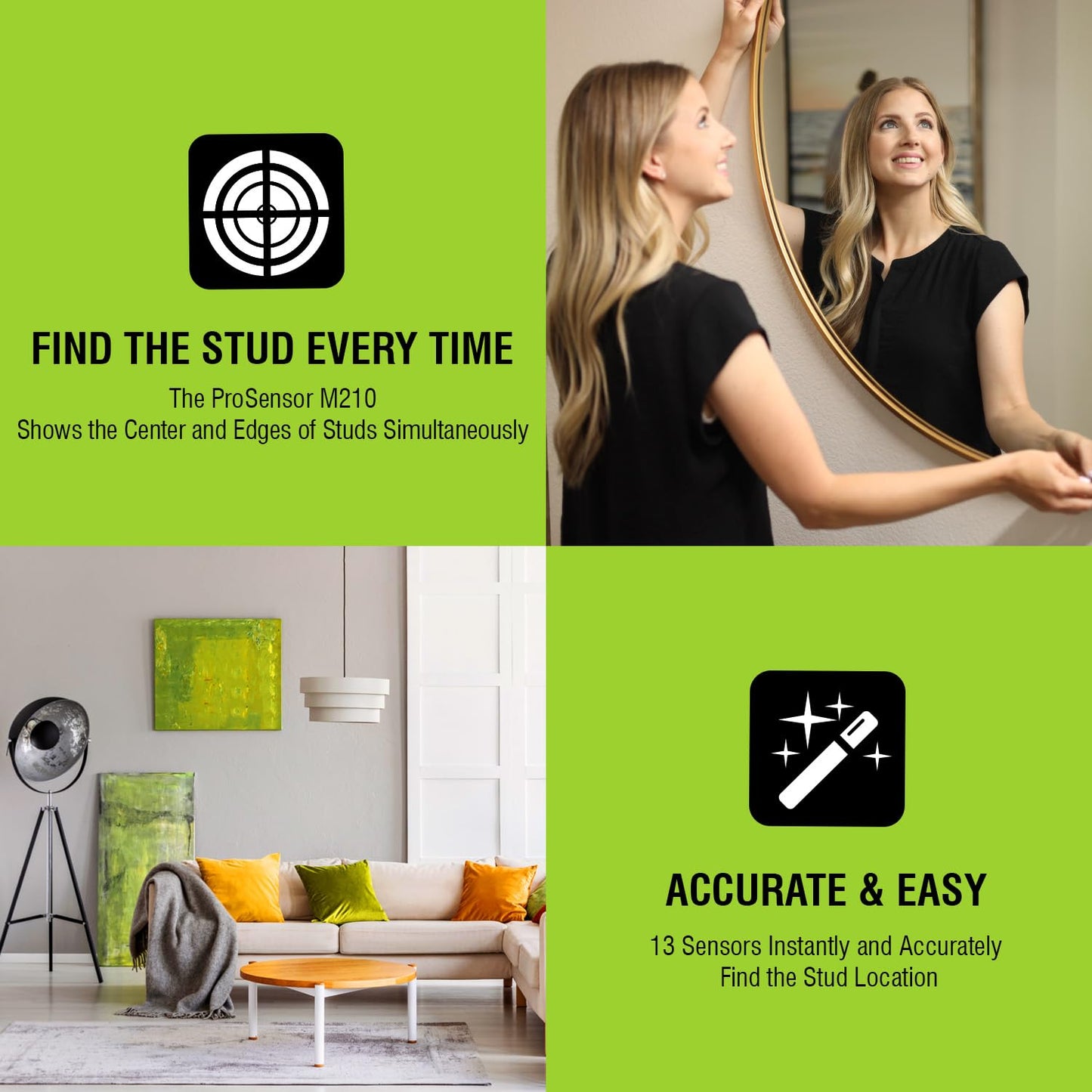 Franklin Sensors ProSensor M210 Stud Finder with 13-Sensors, Wood & Metal Stud Detector/Wall Scanner, Live Wire Detection