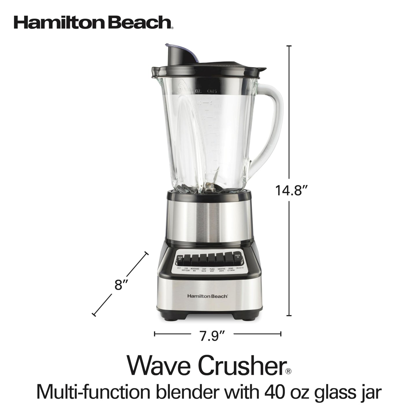 Hamilton Beach Wave Crusher Blender For Smoothies With 40 Oz Glass Jar and 14 Functions, Ice Sabre Blades & 700 Watts for Consistently Smooth Results, Black + Stainless Steel (54221)