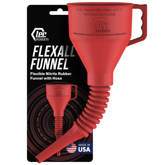 TEC Products FlexAll Funnel - Long Flexible Funnel for Automotive Use - Durable Nitrile Rubber - Ideal for Car Oil Change, Transmission Fluid, Diesel, Fuel, Gas - Made in USA - Red (16 x 5 Inches)