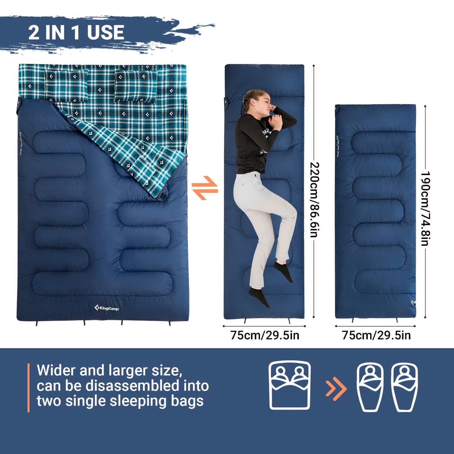 KingCamp Queen Size 2 Person Double Sleeping Bags with Pillows for Adults, 20 Degree Lightweight Backpacking Quilts for Couples Family Camping Hiking and Outdoors, Waterproof