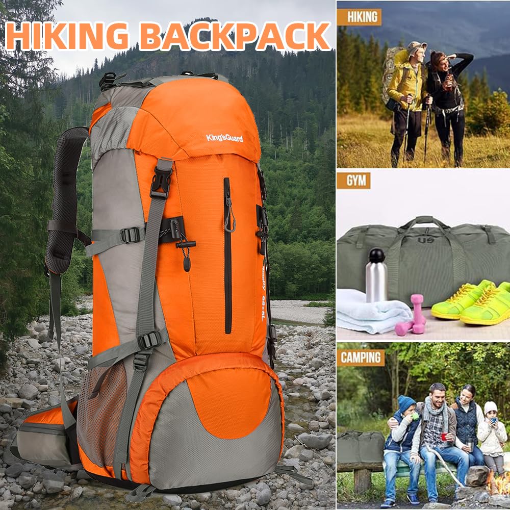 King'sGuard 70L Hiking Backpack with Rain Cover Lightweight Waterproof Travel Camping Backpack Large Backpacking Pack for Men and Women (Orange)