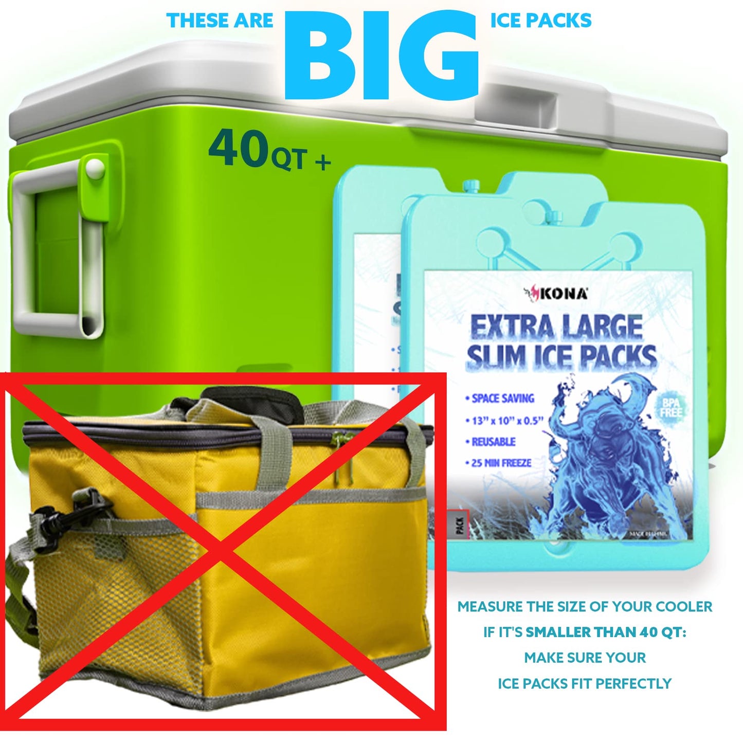 Kona XL Large Cooler Ice Pack - Reusable Long Lasting Dry Ice Packs, 10x13 Inch, 25 Min Freeze
