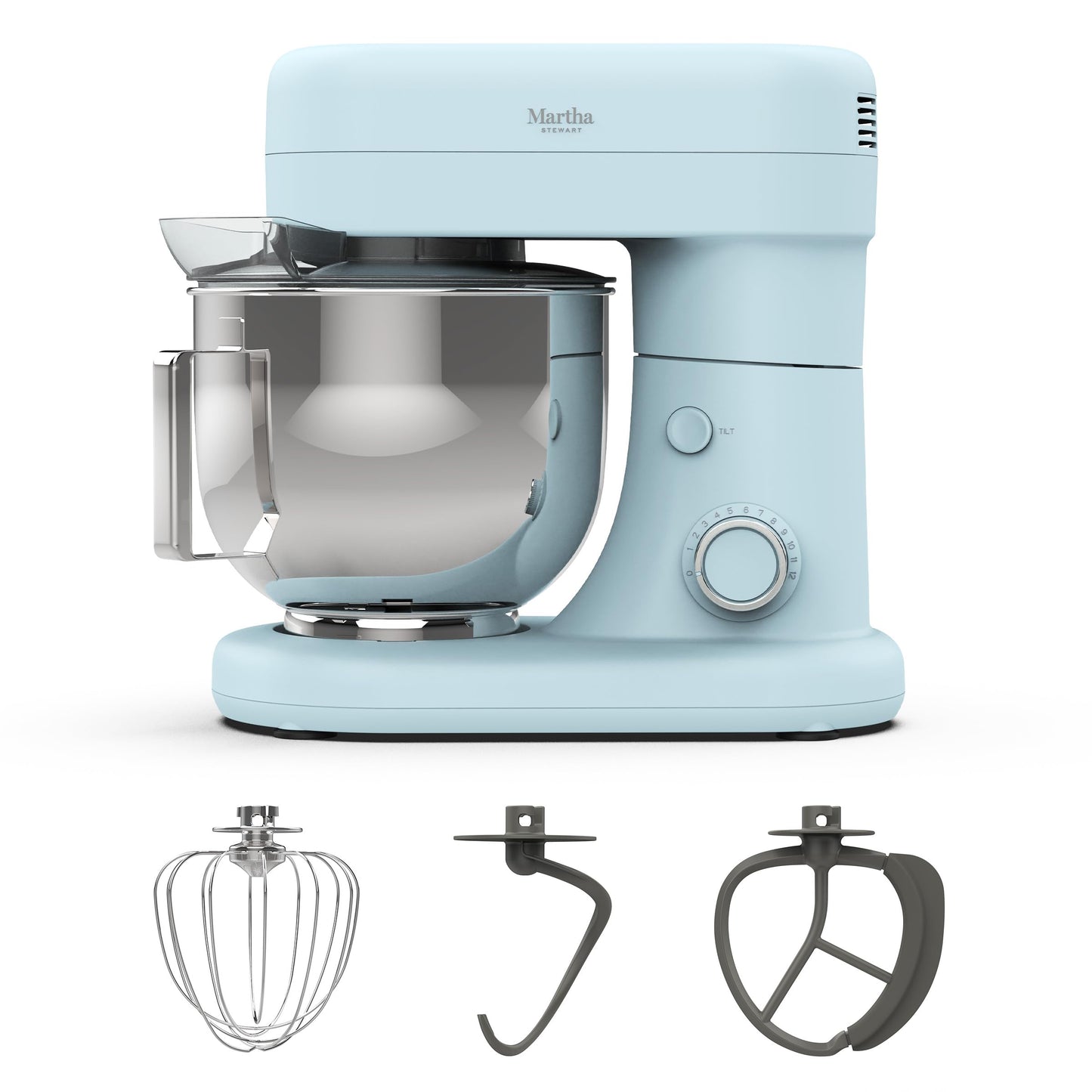 Martha Stewart Stand Mixer, 12 Speed, Tilt-Head, 5.3QT Stainless Steel Bowl, Splash Guard with Pour Chute, Whisk, Dough Hook, Flat Beater, Electric Kitchen Baking Mixer, Bread, Cake, Whip, Caviar Gray