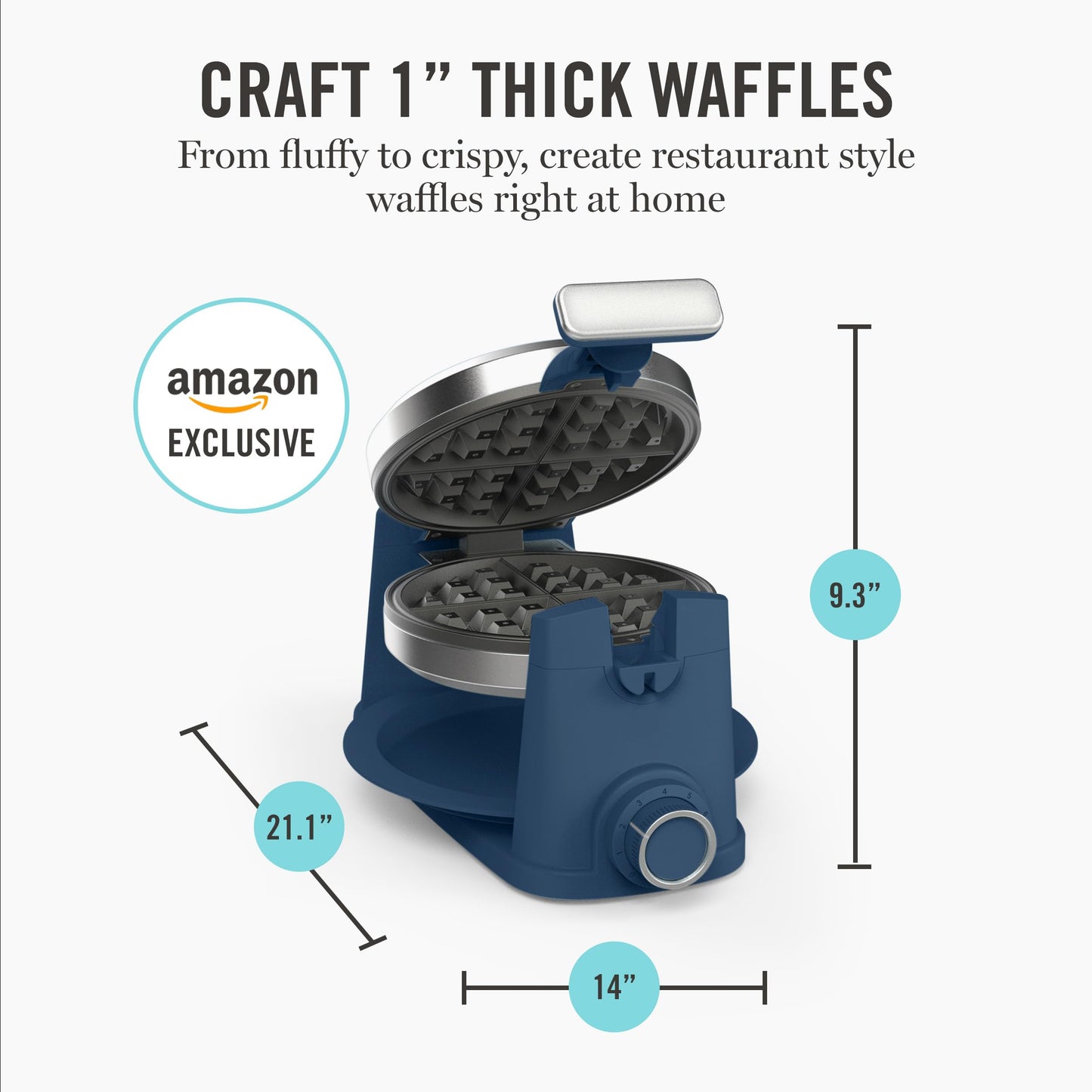 Martha Stewart Rotating Waffle Maker, 180° Flip Iron with PFAS-Free Nonstick Plates, Adjustable Timer, Ready Light, Drip Tray, Space Saving, Classic Round 7”, Easy to Clean, Stainless Steel, Sky Blue