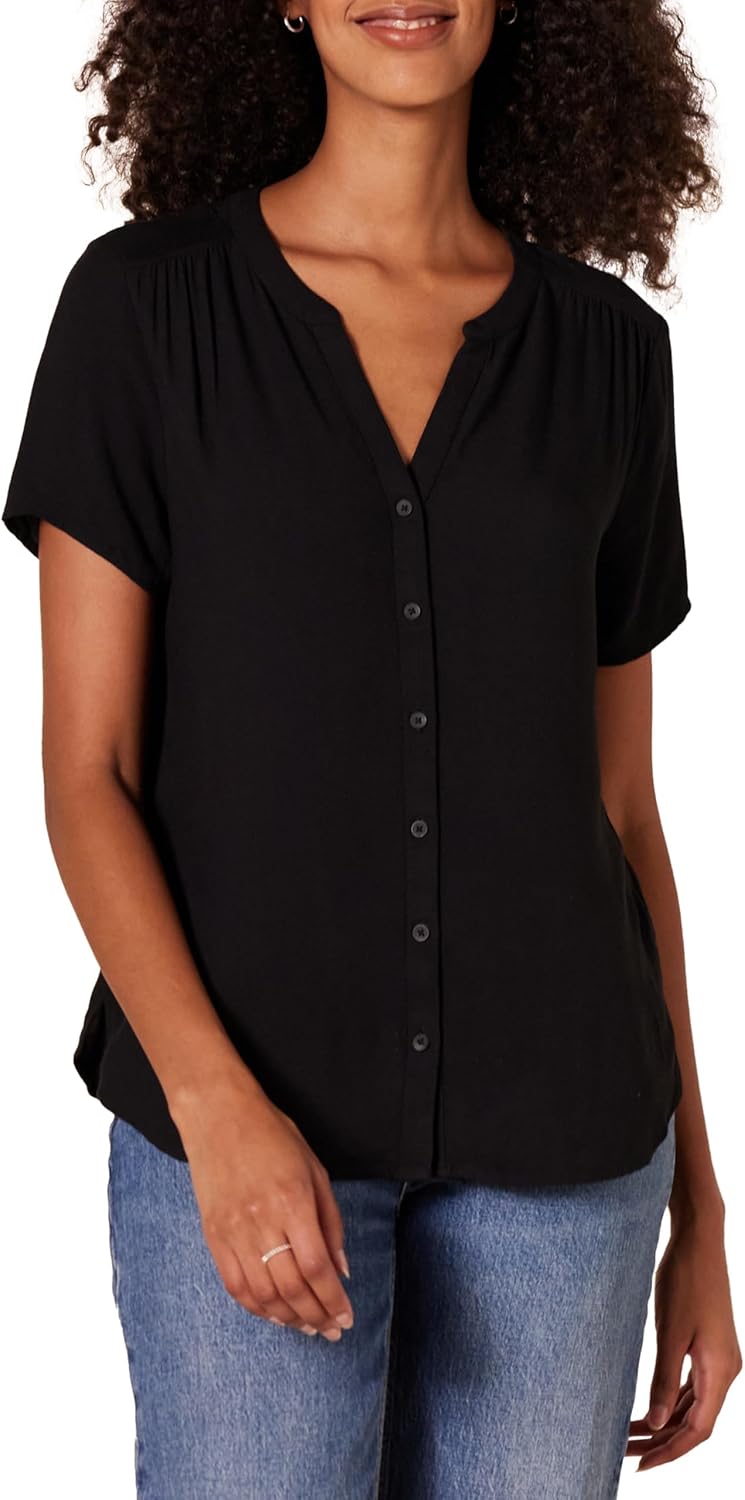 Amazon Essentials Women's Relaxed-Fit V Neck Short-Sleeve Woven Blouse, Business Casual