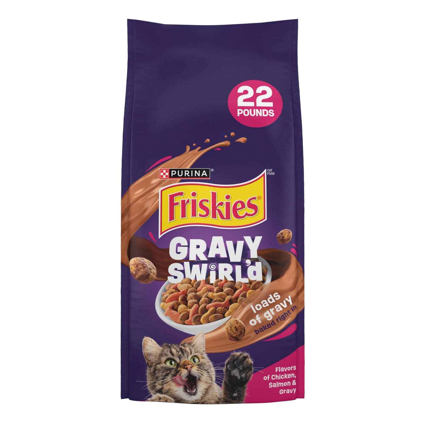 Purina Friskies Dry Cat Food Gravy Swirl'd With Flavors of Chicken, Salmon and Gravy - 22 lb. Bag