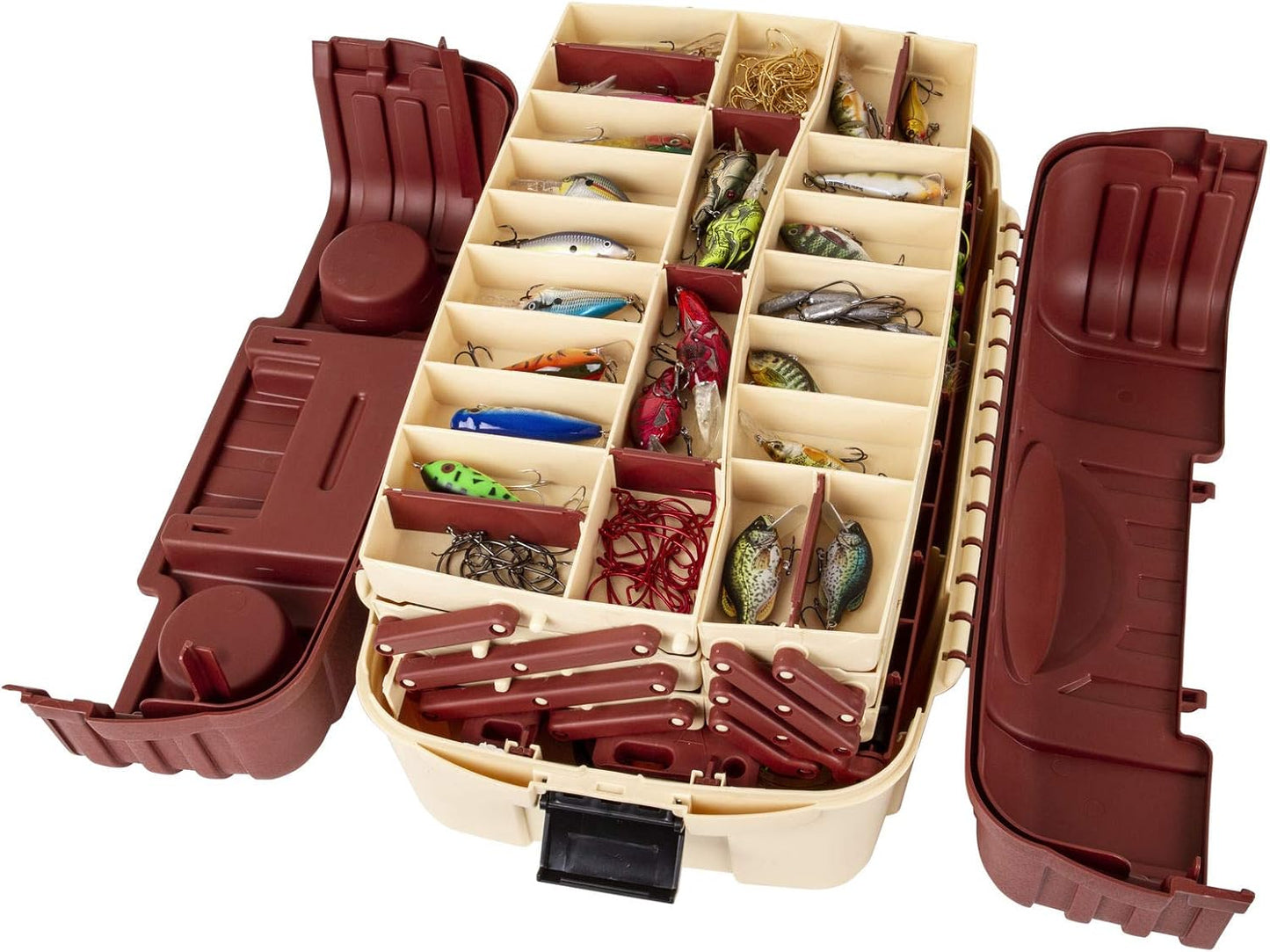 Flambeau Outdoors 2059 Hip Roof 7-Tray Fishing Tackle Box - Large Portable All-Weather Fishing Lure Organizer, 61 Compartments, Maroon/Tan