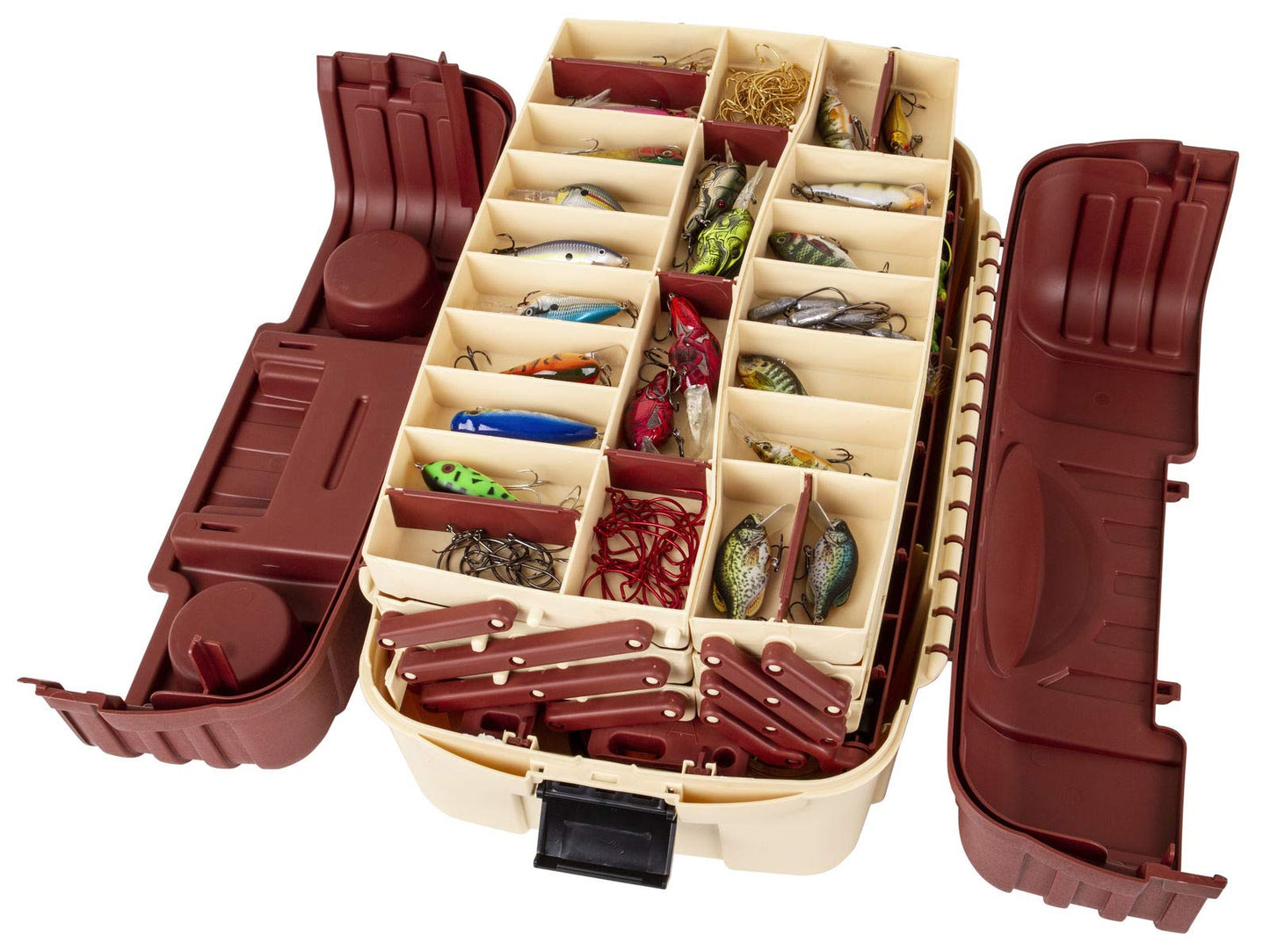 Flambeau Outdoors 2059 Hip Roof 7-Tray Fishing Tackle Box - Large Portable All-Weather Fishing Lure Organizer, 61 Compartments, Maroon/Tan