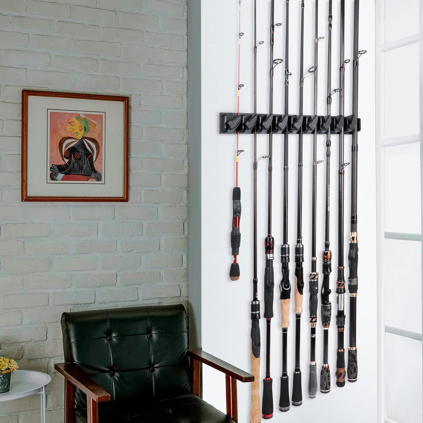 PLUSINNO Vertical Fishing Rod Holder, Wall Mounted Fishing Rod Rack, Fishing Pole Holder Holds Up to 9 Rods or Combos, Fishing Rod Holders for Garage, Fits Most Rods of Diameter 3-19mm