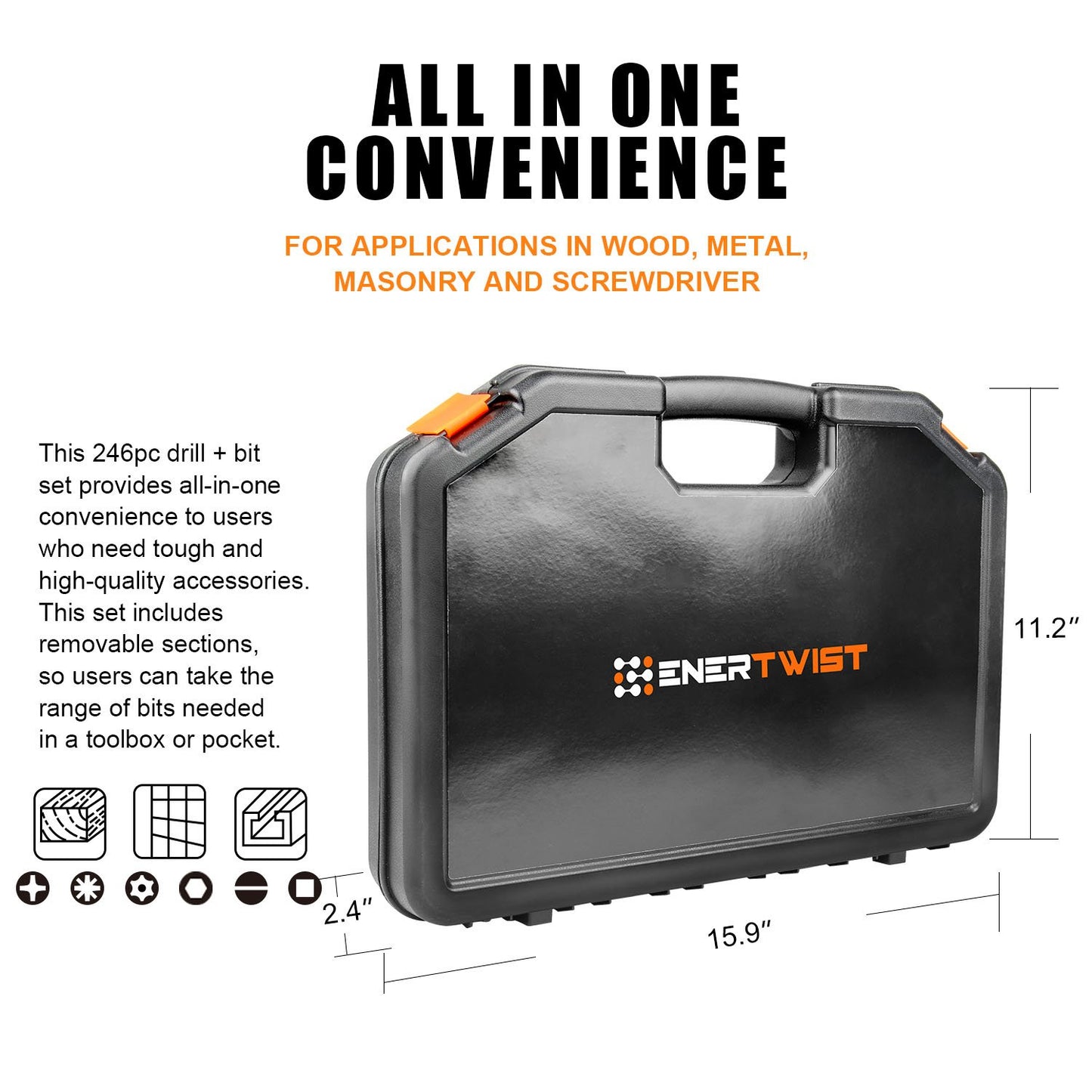 EnerTwist Drill Bit Set, 246-Pieces Drill Bits and Driver Set for Wood Metal Cement Drilling and Screw Driving, Full Combo Kit Assorted in Plastic Carrying Case, ET-DBA-246