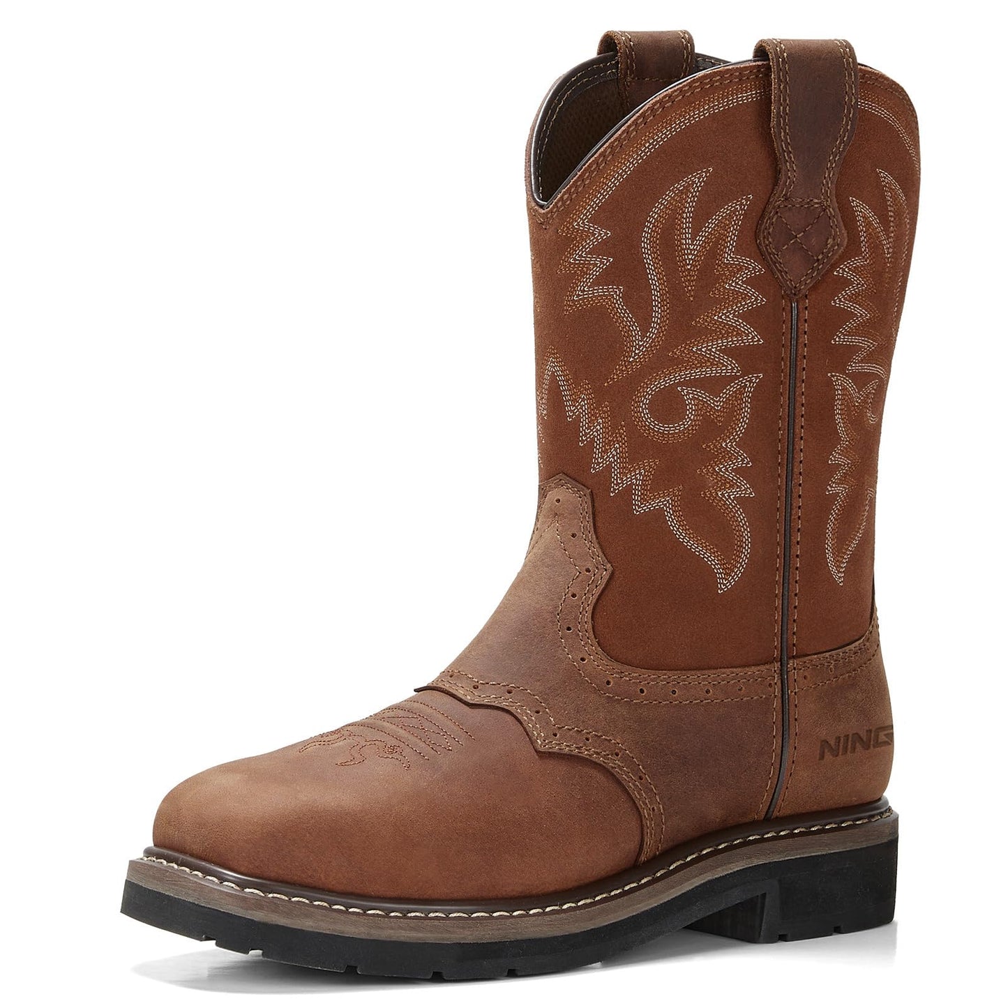 HISEA NINGO Men's Western Cowboy Boots Waterproof Square Toe Steel/Soft Toe Work Boots Comfortable Men's Slip On Pull On Safety Toe Leather Work Shoes for Construction Farming Industrial Welding