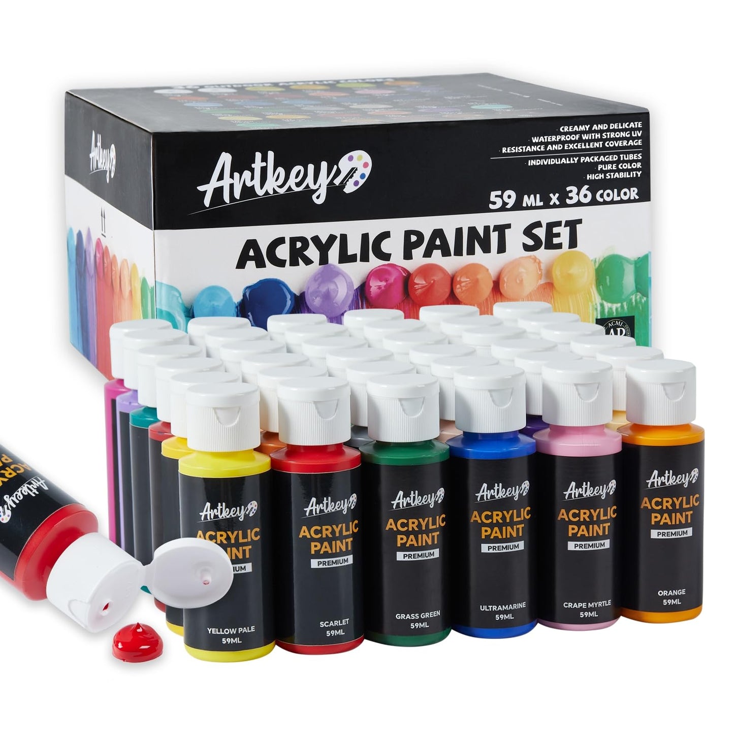 Artkey Acrylic Paint Set - 24 colors 2 oz/59 ml Acrylic Paints Professional Artists Painting Kit for Canvases Fabric Rock Leather Easter Egg Wood Ceramic Glass Art Craft Painting