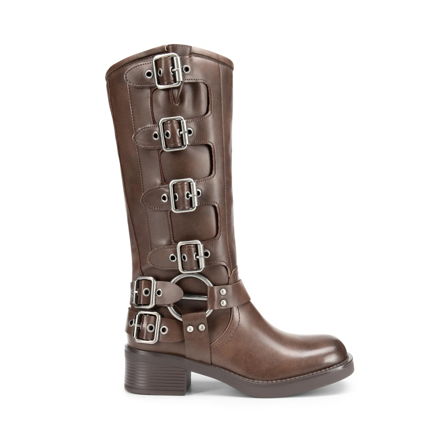 DREAM PAIRS Women's Knee High Riding Boots Slip On Motorcycle Boots Square Toe Chunky Heel Fashion Buckles Biker Boots