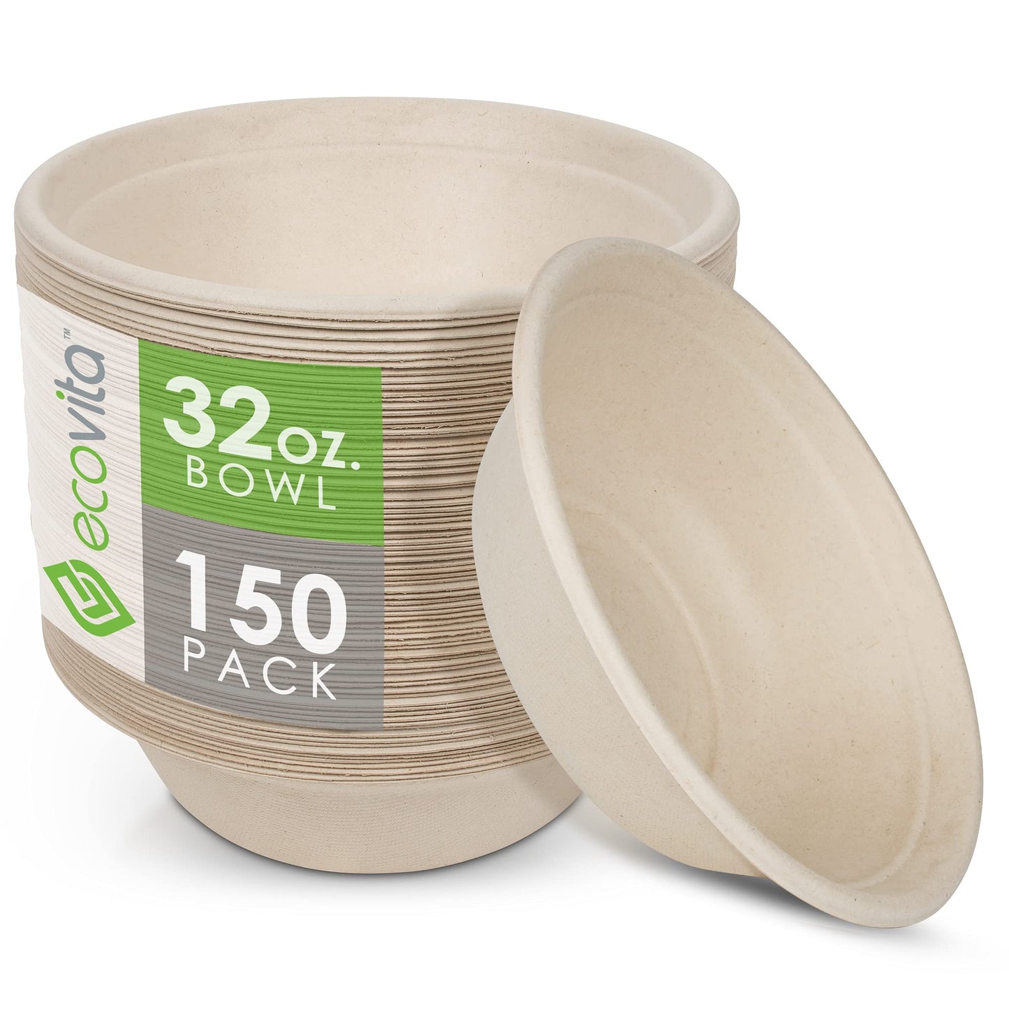 100% Compostable Paper Bowls [32 oz.] – 150 Disposable Bowls Eco Friendly Sturdy Tree Free Liquid and Heat Resistant Alternative to Plastic or Paper Bowls