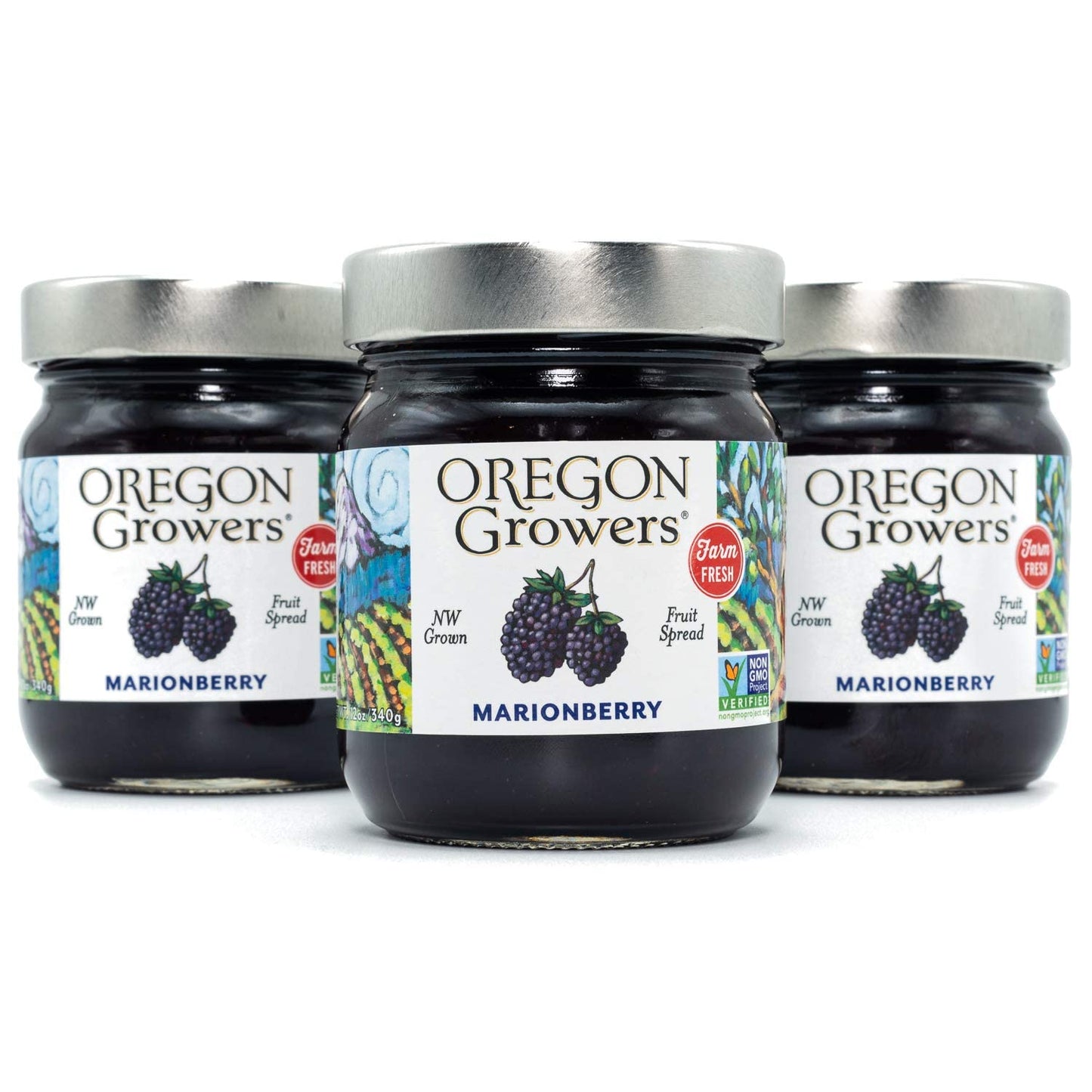 Oregon Growers, Marionberry Jam, Strawberry Jam, & Red Raspberry Jam Variety Pack - Marionberry Preserves, Strawberry Preserves, Red Raspberry Preserves, Organic Jelly - 12 Oz Each (Pack of 3)