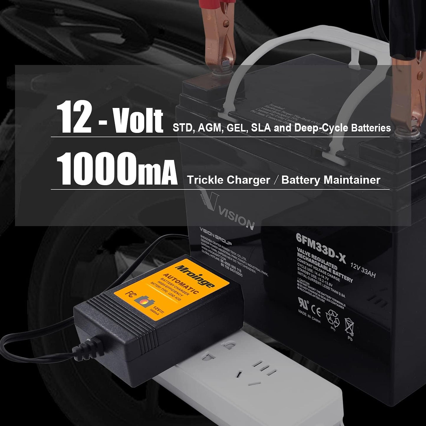 Trickle Charger 12V 1000mA Smart Battery Charger & Maintainer and Automatic Float Charger for Motorcycle, ATV, Lawnmowers and More