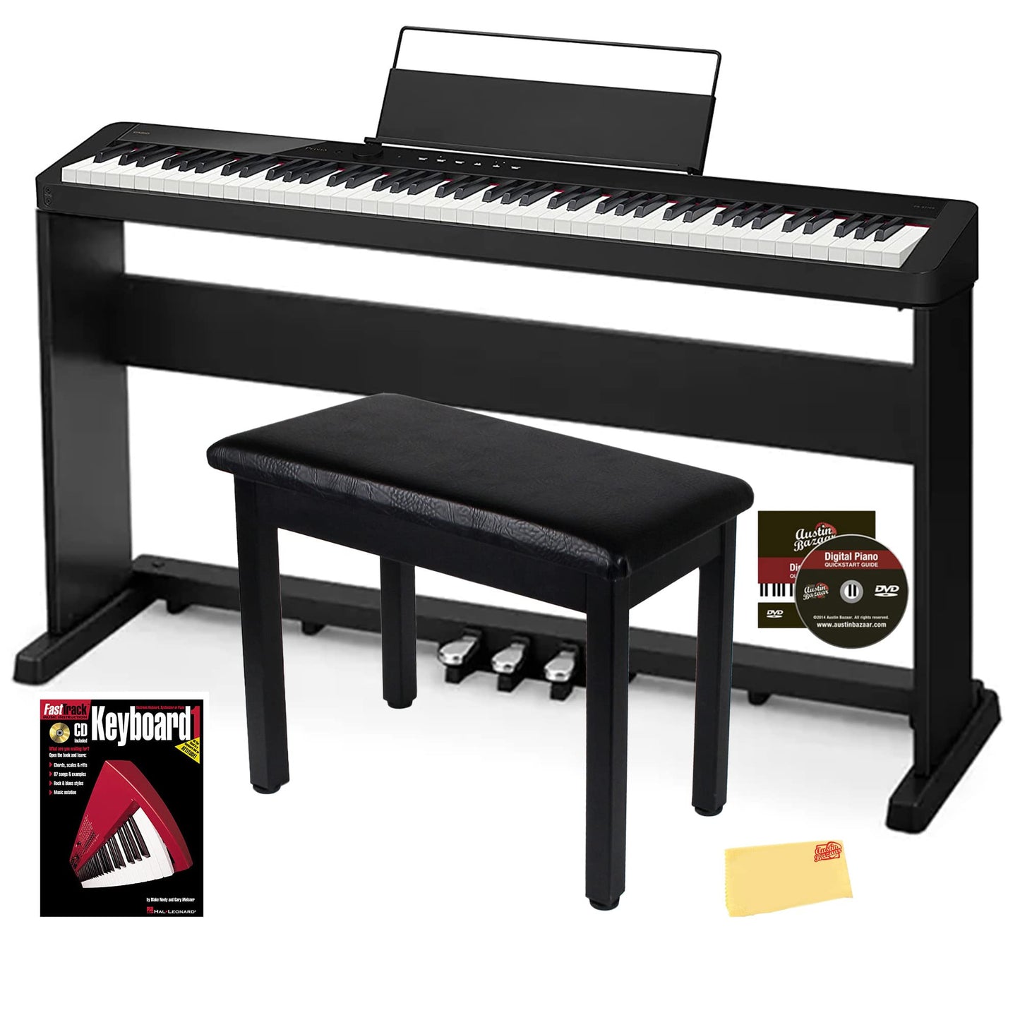 Casio CDP-S160 88-Key Compact Digital Piano - Black Bundle with CS-470P Stand, Triple Pedal System, Bench, Instructional Book, Online Lessons, Instructional DVD, and Austin Bazaar Polishing Cloth