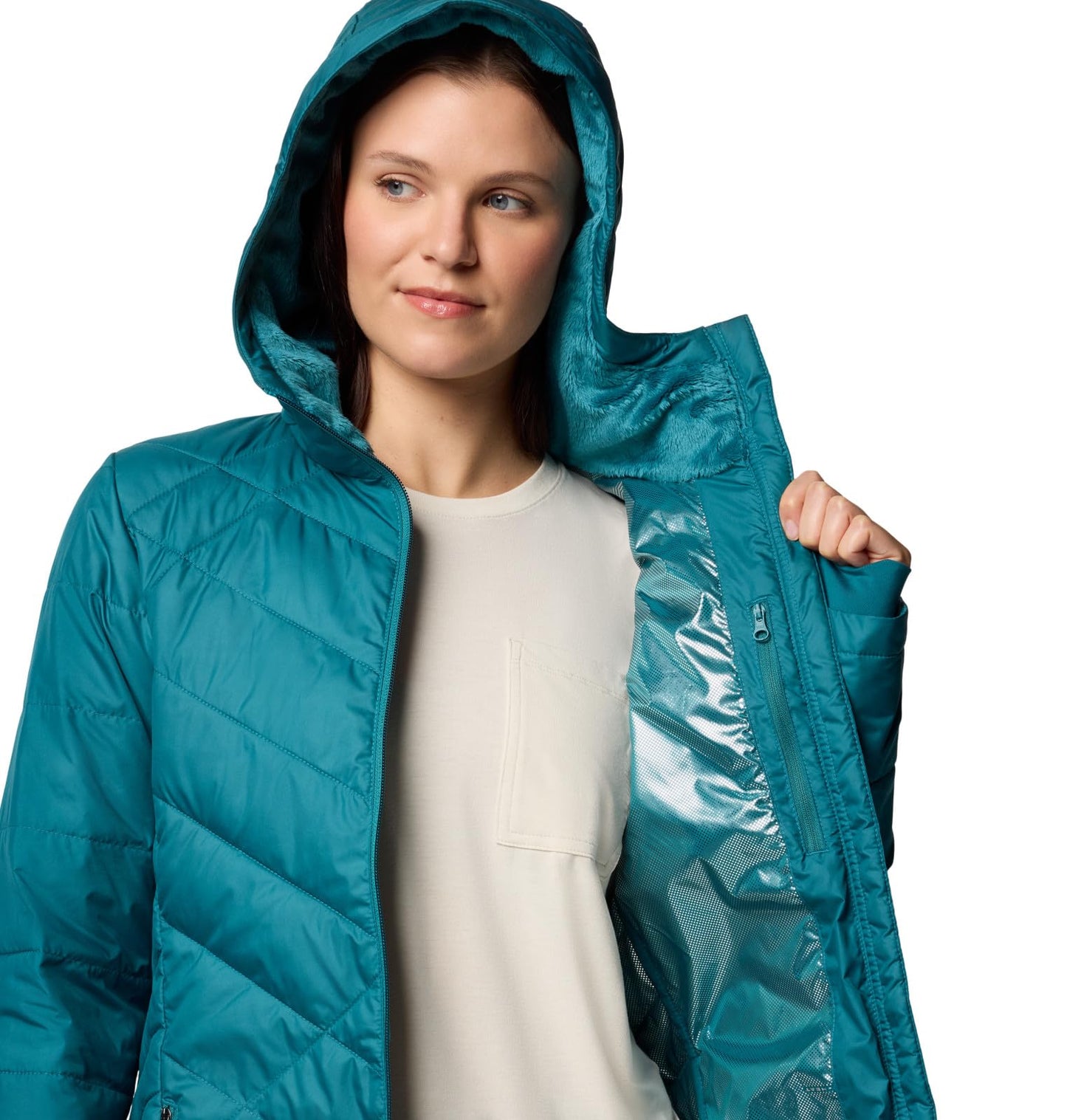 Columbia Womens Heavenly Long Hooded Puffer Jacket, River Blue, X-Small