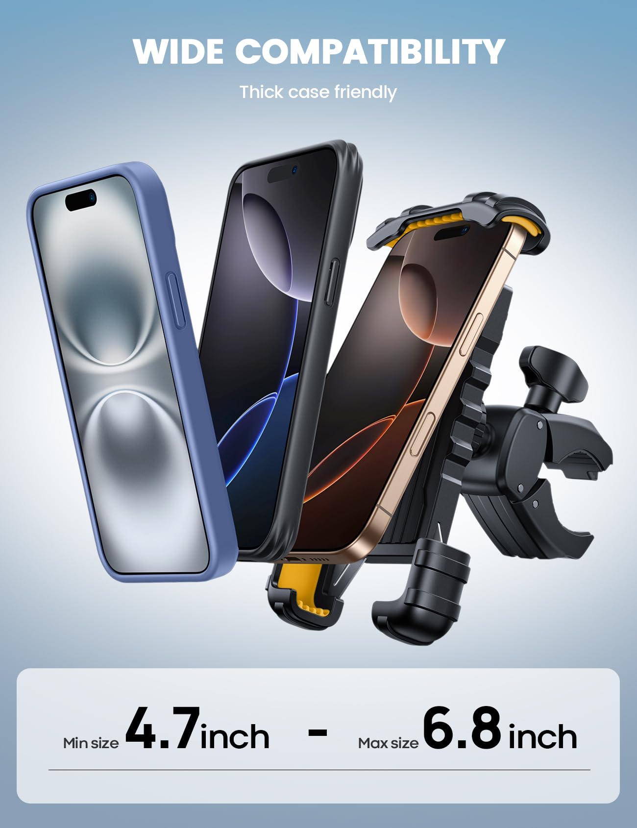Lamicall Bike Phone Holder Mount - Motorcycle Handlebar Phone Mount Clamp, One Hand Operation, ATV Scooter Phone Clip for iPhone 16/15 Pro Max / 14 Plus, Galaxy S10 and 4.7-6.8" Cellphone, Black