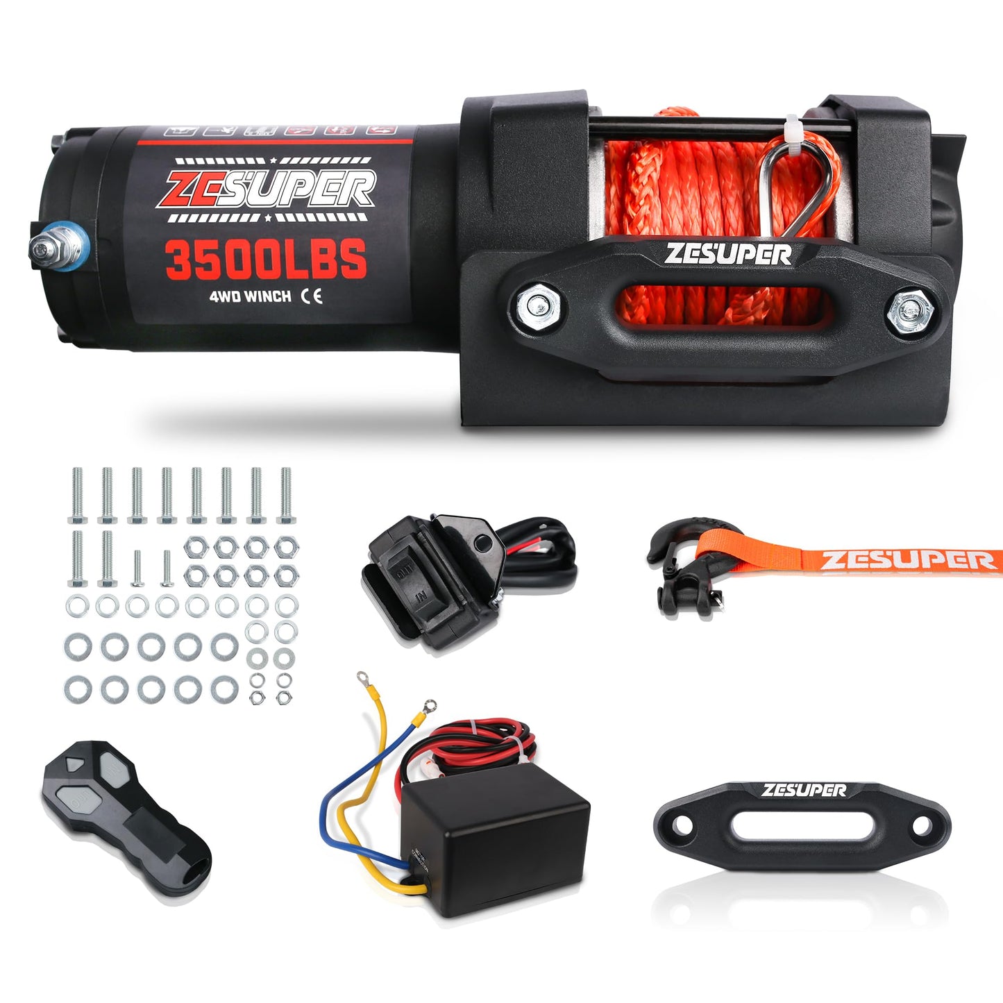 ZESUPER 3000 lb Electric Winch for ATV UTV Trailer Boat Synthetic Rope Winch 12V DC Off Road Towing Winches with Wireless Remote Mounting Bracket