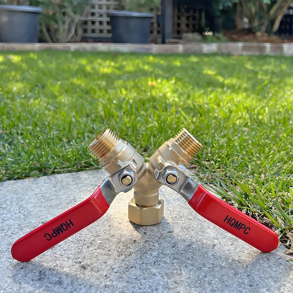 HQMPC Garden Hose Y Valve Hose Splitter Brass Hose Splitter With Stainless Steel Long Handle Brass Y Valve Water Garden Hose Adapter 2 Way Y Valve 3/4" GHT Thread