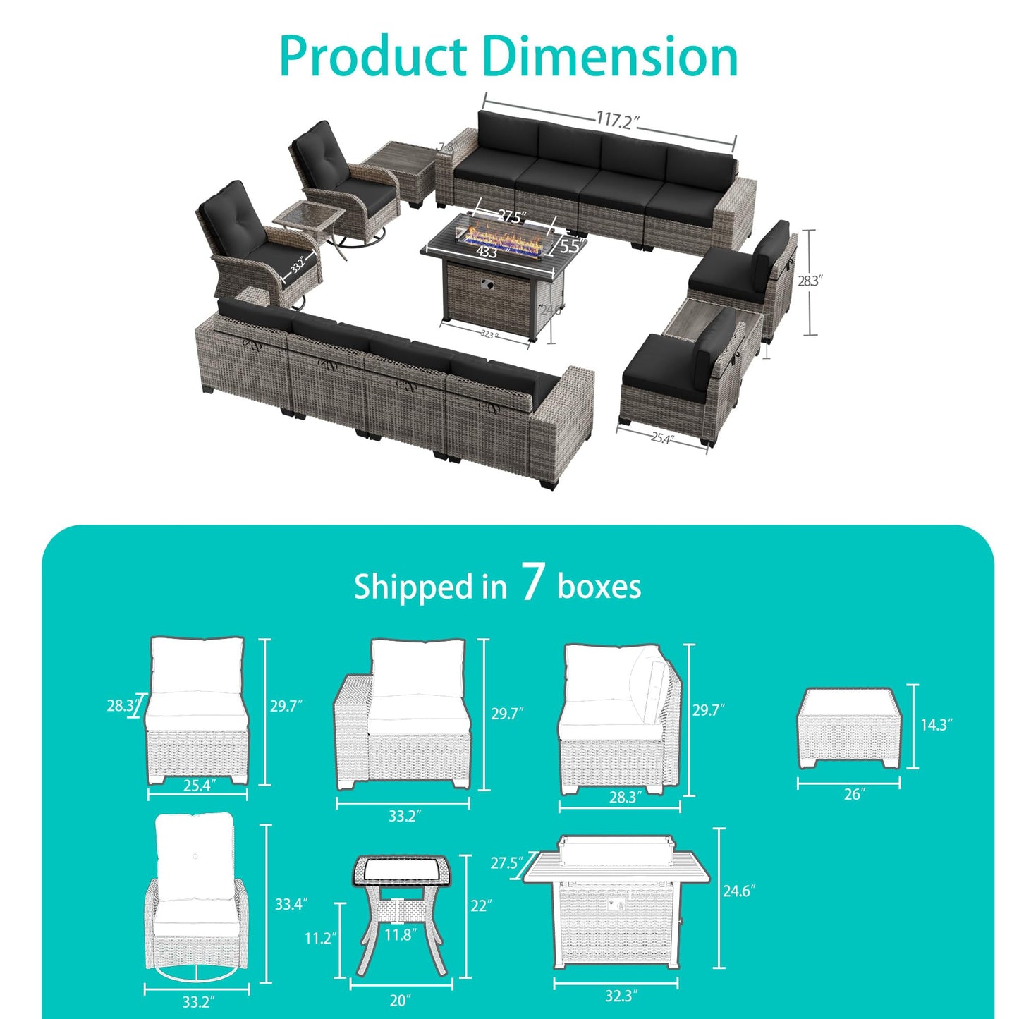 6-Piece Outdoor Patio Furniture Set Wicker Sectional Sofa Set, Patio Conversation Set with Thickened Cushions & Coffee Table for Garden, Backyard, Poolside, Beige