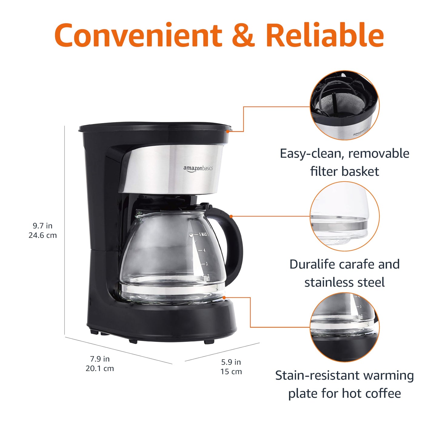 Amazon Basics Coffee Makers, 12-Cup Coffee Machines with Reusable Filter, Coffee Pots, Black & Stainless Steel