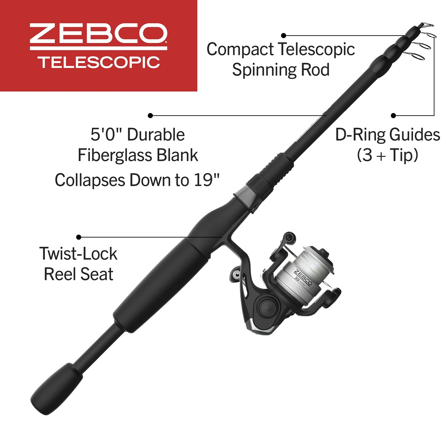 Zebco 33 Spinning Reel and Telescopic Fishing Rod Combo