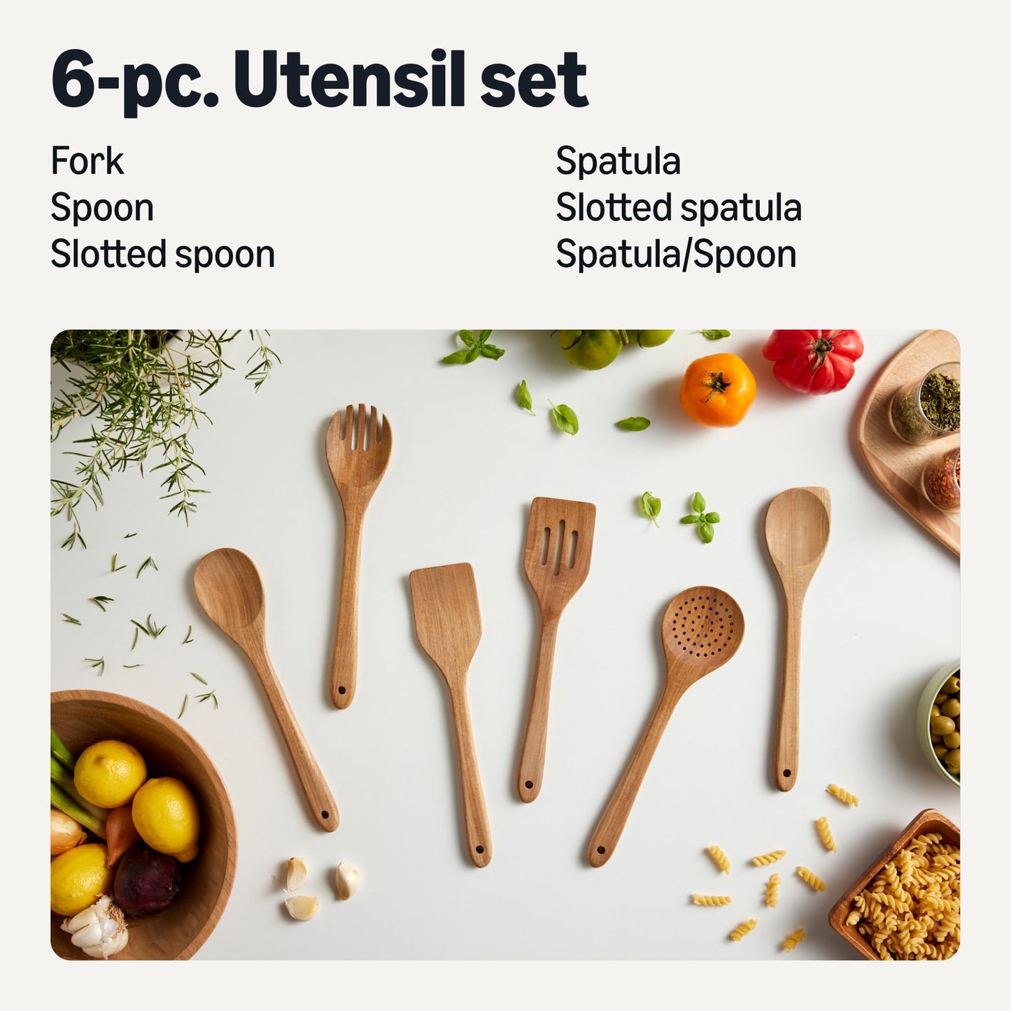 Amazon Basics Wooden Cooking Spoons, 6-Piece Set, Acacia Wood, Cookware-Safe