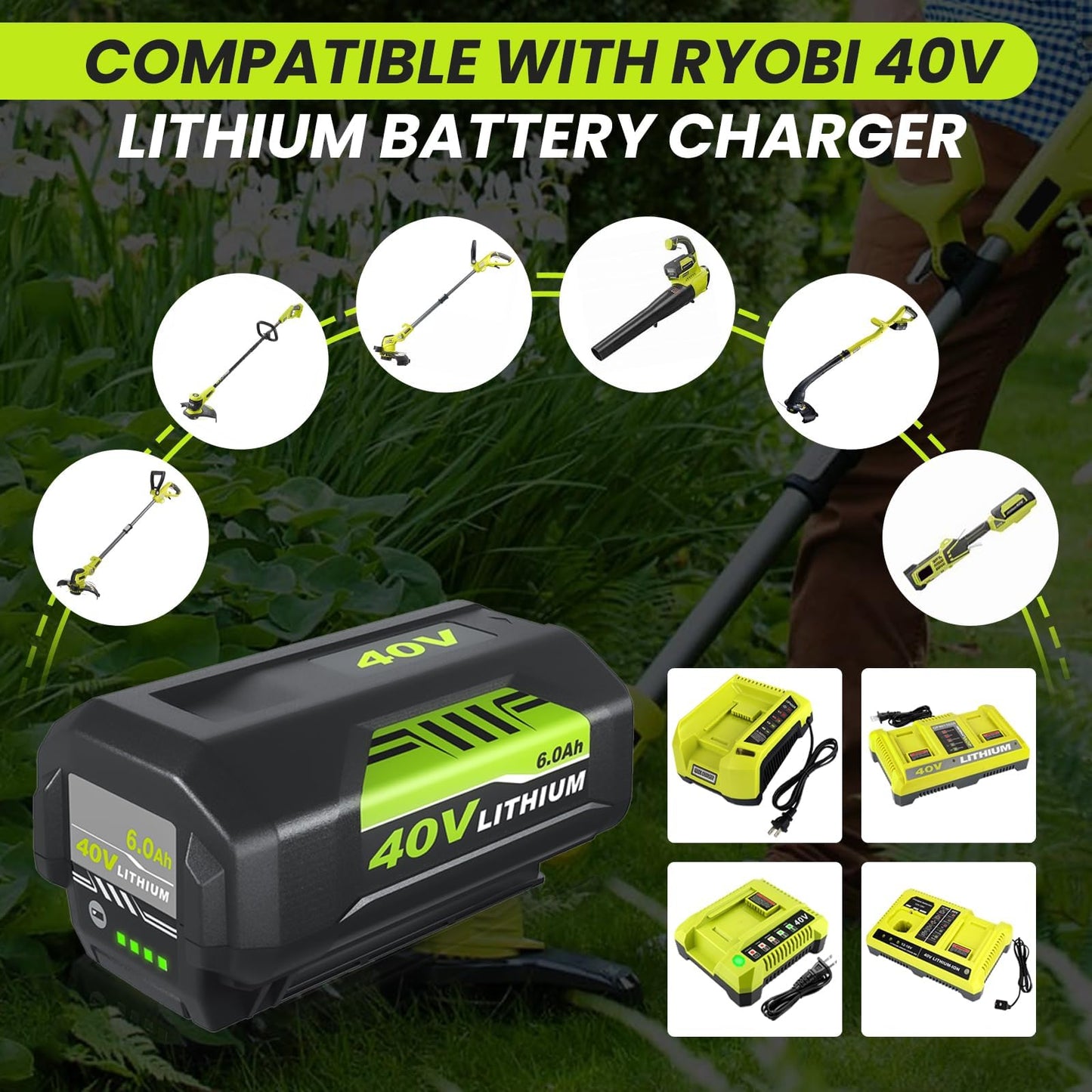 2Pack 40v 6000mAh Replacement for Ryobi 40V Battery 6.0Ah Compatible with Ryobi 40 Volt Battery Lithium OP4026A OP4015 OP4040 OP40201 OP4050A OP4015 OP40261 OP4030 OP40401 OP4060 Power Tools (Green)