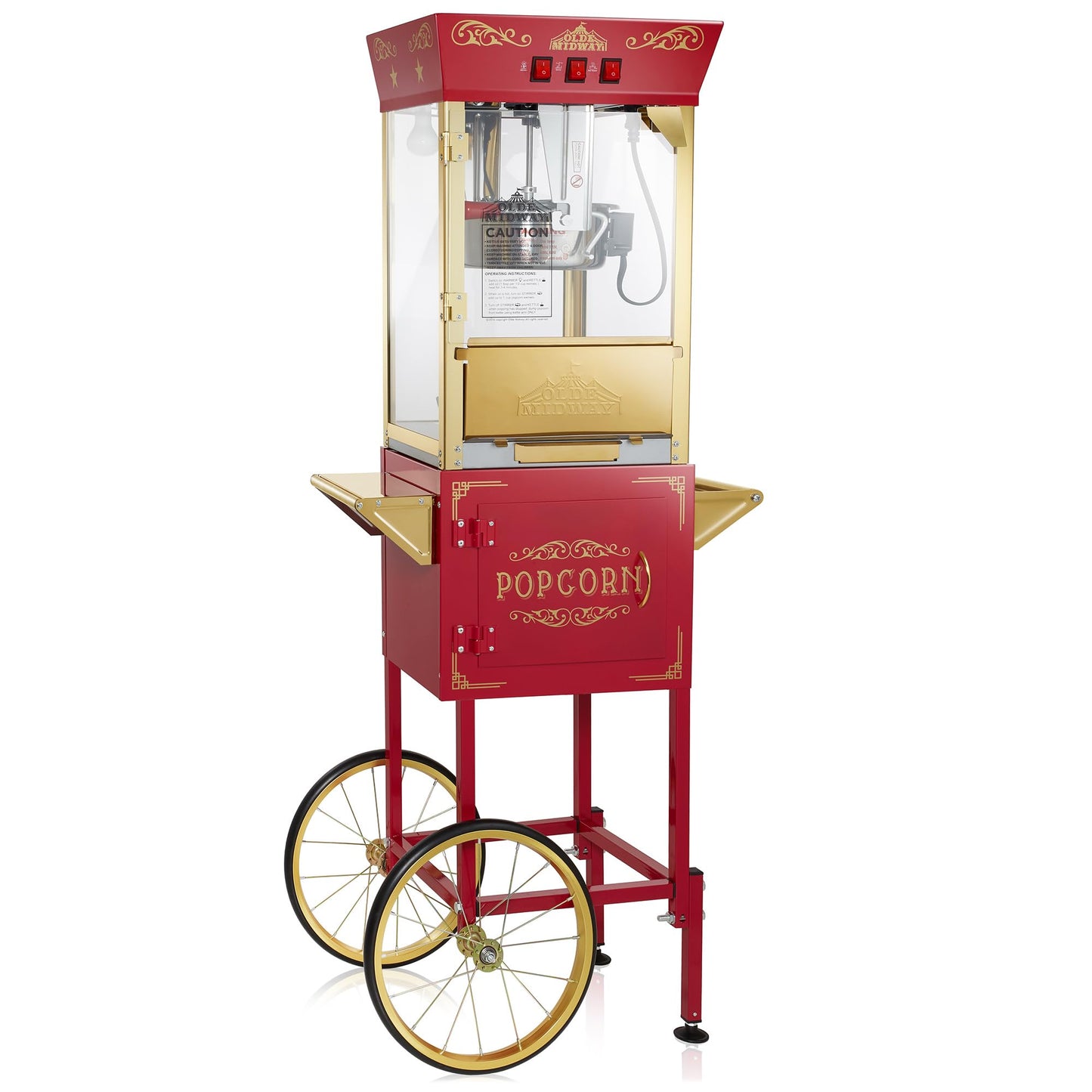 Olde Midway Movie Theater-Style Popcorn Machine Maker with Cart and 10-Ounce Kettle - Red, Vintage-Style Popper on Wheels