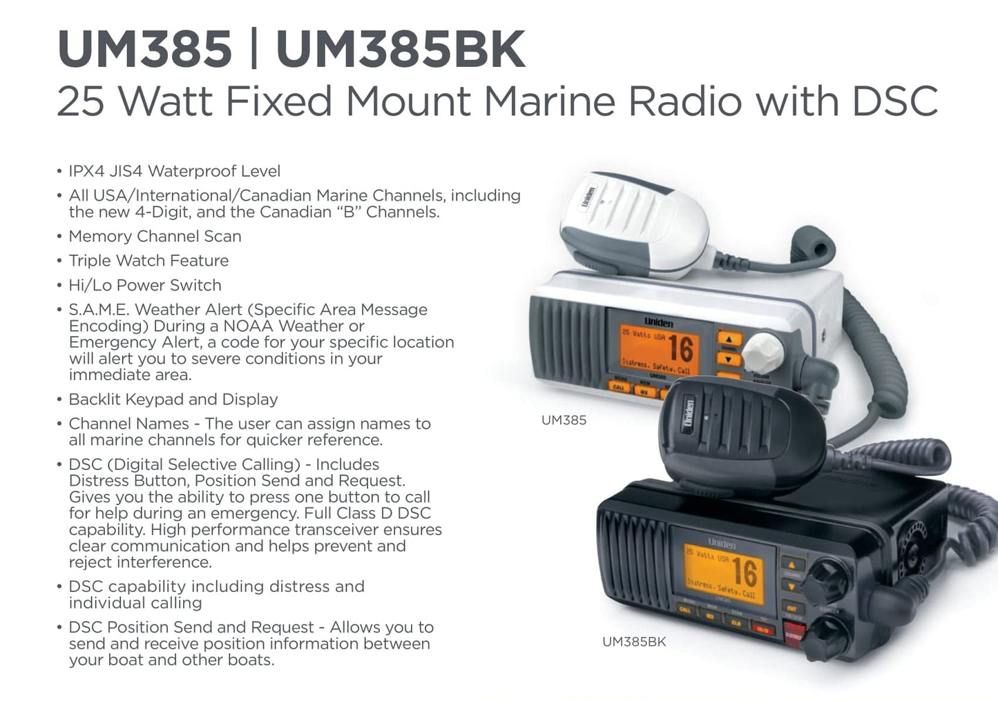 Uniden UM385BK 25 Watt Fixed Mount Marine VHF Radio, Waterproof, Noaa Weather Alert, All USA/Intl/Canadian Marine Channels