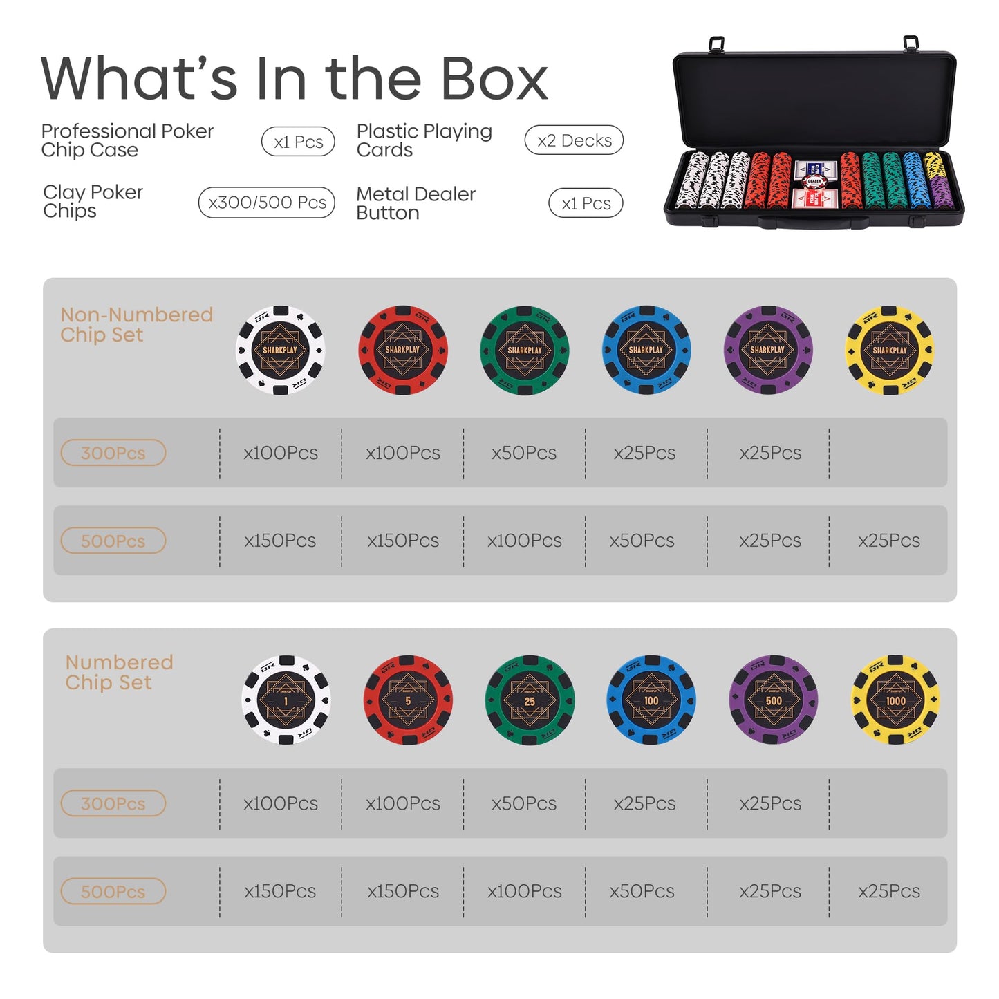 sharkplay 14g Clay Poker Chips Set for Texas Hold'em, 300 PCS Casino Blank Chips with High-end Carrying Case & Dealer Button