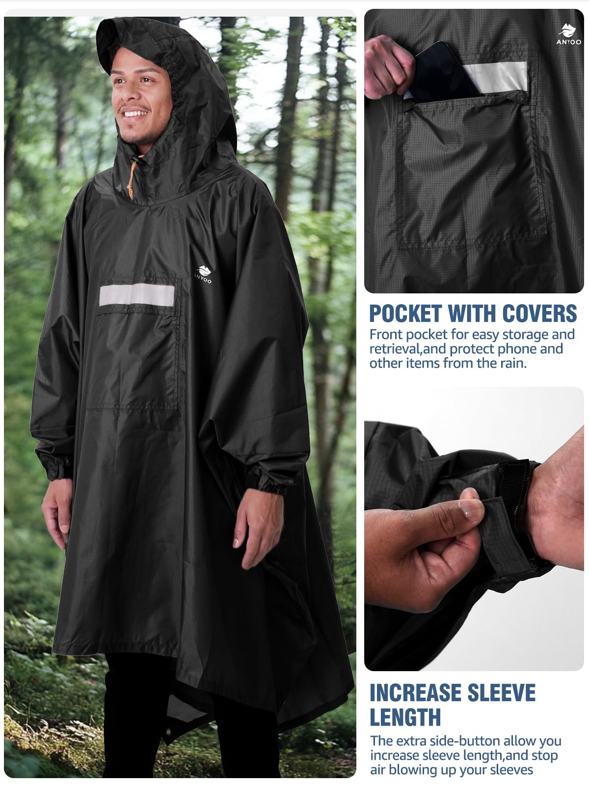 ANYOO Hooded Rain Poncho for Adults Waterproof Lightweight Rain Coat for Men Women Reusable Rain Jacket for Emergency Outdoor