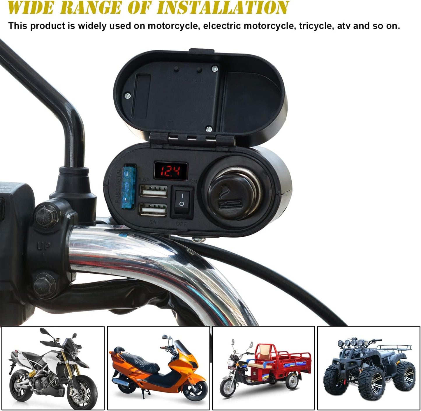 5V/3A Dual USB Charger Socket Waterproof Motorcycle Handlebar & Rear View Mirror Clamp Power Adapter Charger with Cigarette Lighter Socket, Voltmeter for Phones/Tablets/GPS (Black 1)