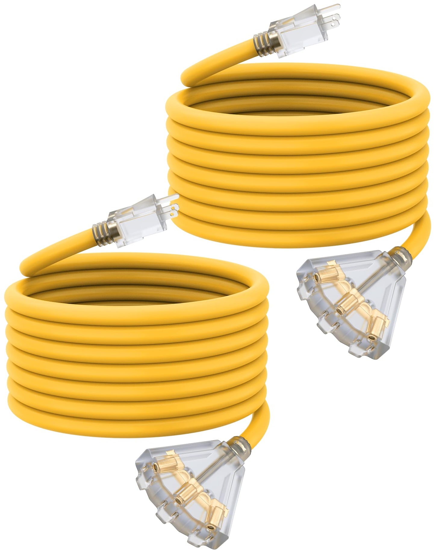 25Ft 12/3 Outdoor Extension Cord with 3-Outlets, Heavy Duty 12 Gauge 3 Prong Extension Cord Waterproof with Lighted end, 15A 12AWG 1875W SJTW, ETL Listed - Great for Garage, Garden and Home, Yellow