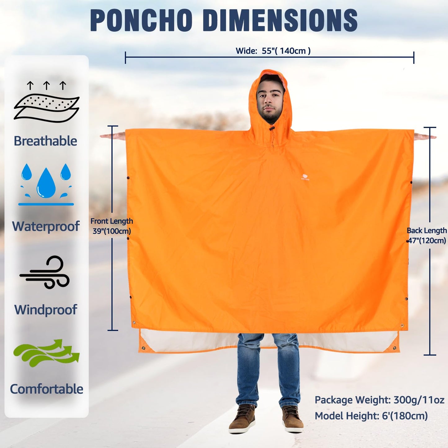 ANYOO Hooded Rain Poncho for Adults Waterproof Lightweight Rain Coat for Men Women Reusable Rain Jacket for Emergency Outdoor