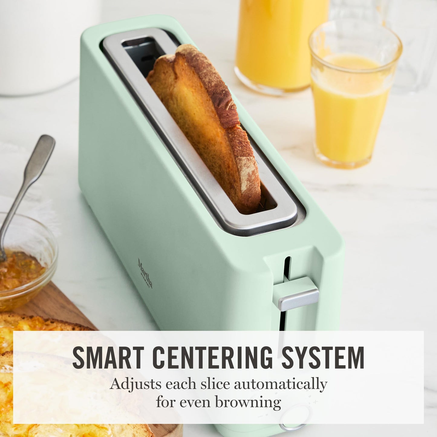 Martha Stewart 2 Slice Long Slot Toaster, Extra Wide for Sourdough & Bagels, 10 Setting Shade Control, Removable Crumb Tray, Self-Centering Design, Defrost/Reheat, Cancel, Slim Space-Saving, Honeydew