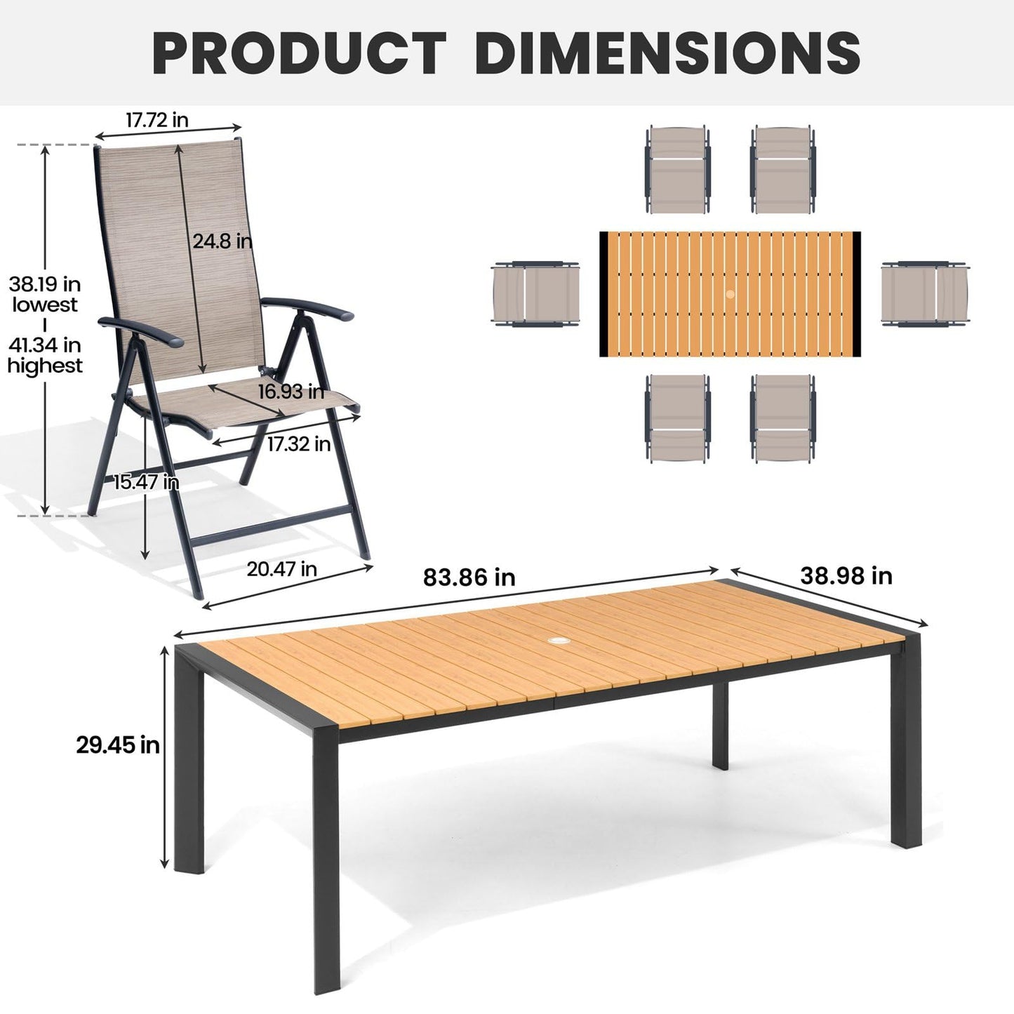Crestlive Products 7 Pieces Patio Dining Set for 6, Outdoor Table and Folding Dining Chairs 70in Rectangle Aluminum Table with Umbrella Hole Foldable Adjustable High Back Patio Chairs, Grey