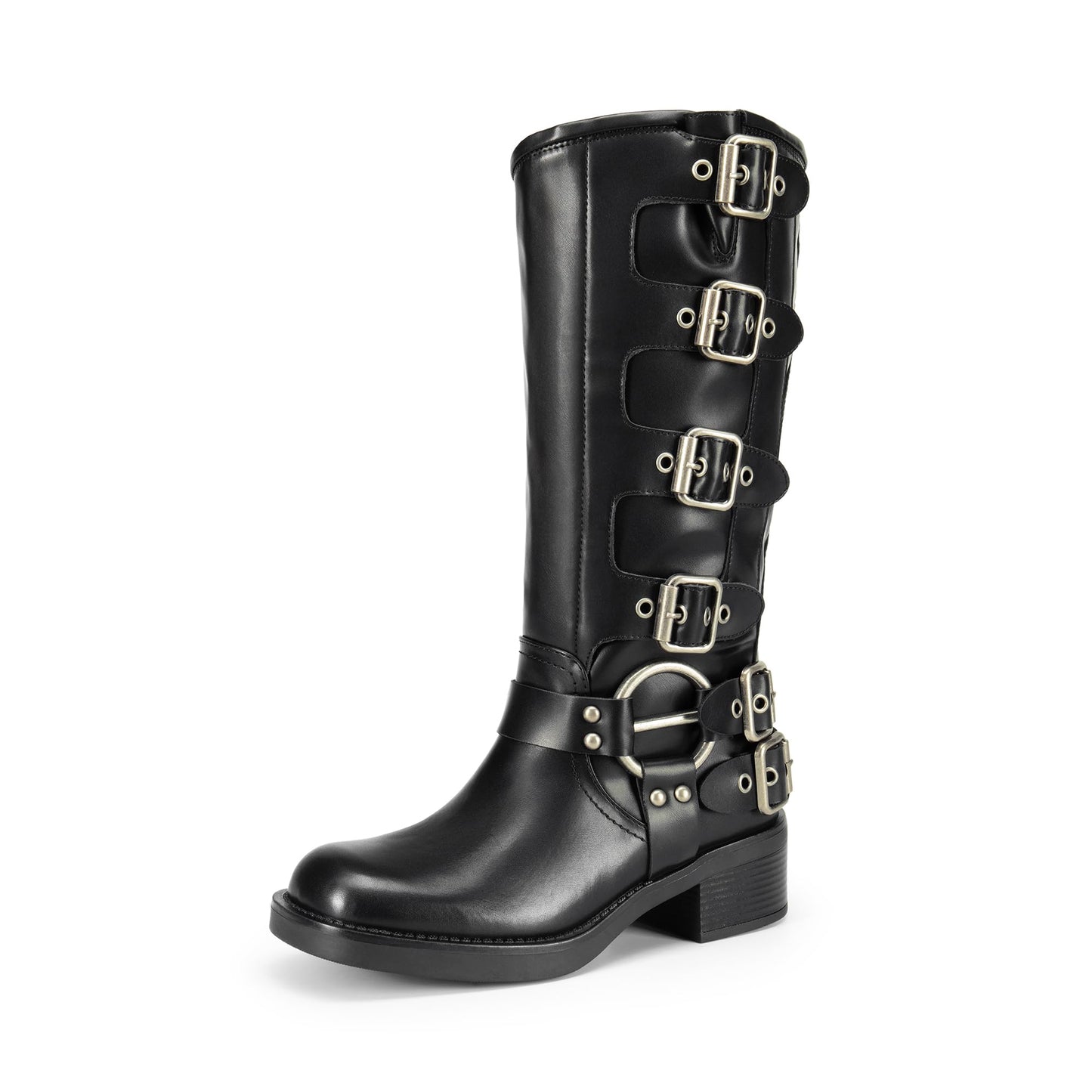 DREAM PAIRS Women's Knee High Riding Boots Slip On Motorcycle Boots Square Toe Chunky Heel Fashion Buckles Biker Boots