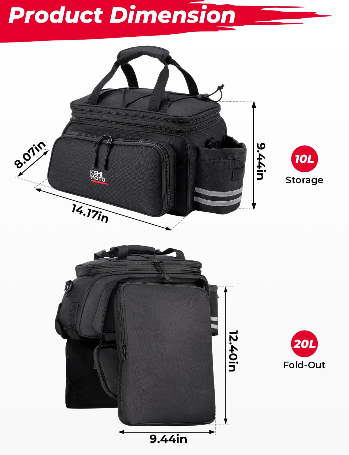 KEMIMOTO Bike Rear Rack Bag Bicycle Trunk Bag 20L Capacity Water Resistant Multifunctional Bicycle Pannier with Rain Cover Bike Saddle Bag for Rear Rack Grocery Shopping Commuter Cycling Trip Black