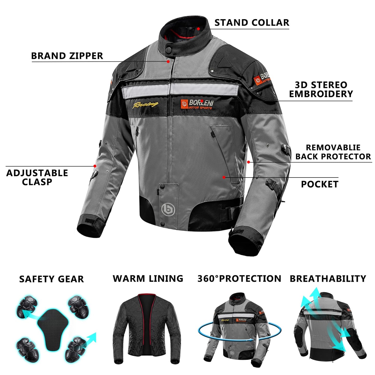 BORLENI Motorcycle Jacket Motorbike Riding Jacket Windproof Motorcycle Full Body Protective Gear Armor